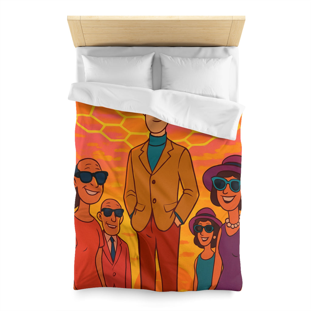 Motifs colorés hexagonaux vibrant avec personnages stylisés dans un paysage ensoleillé unique