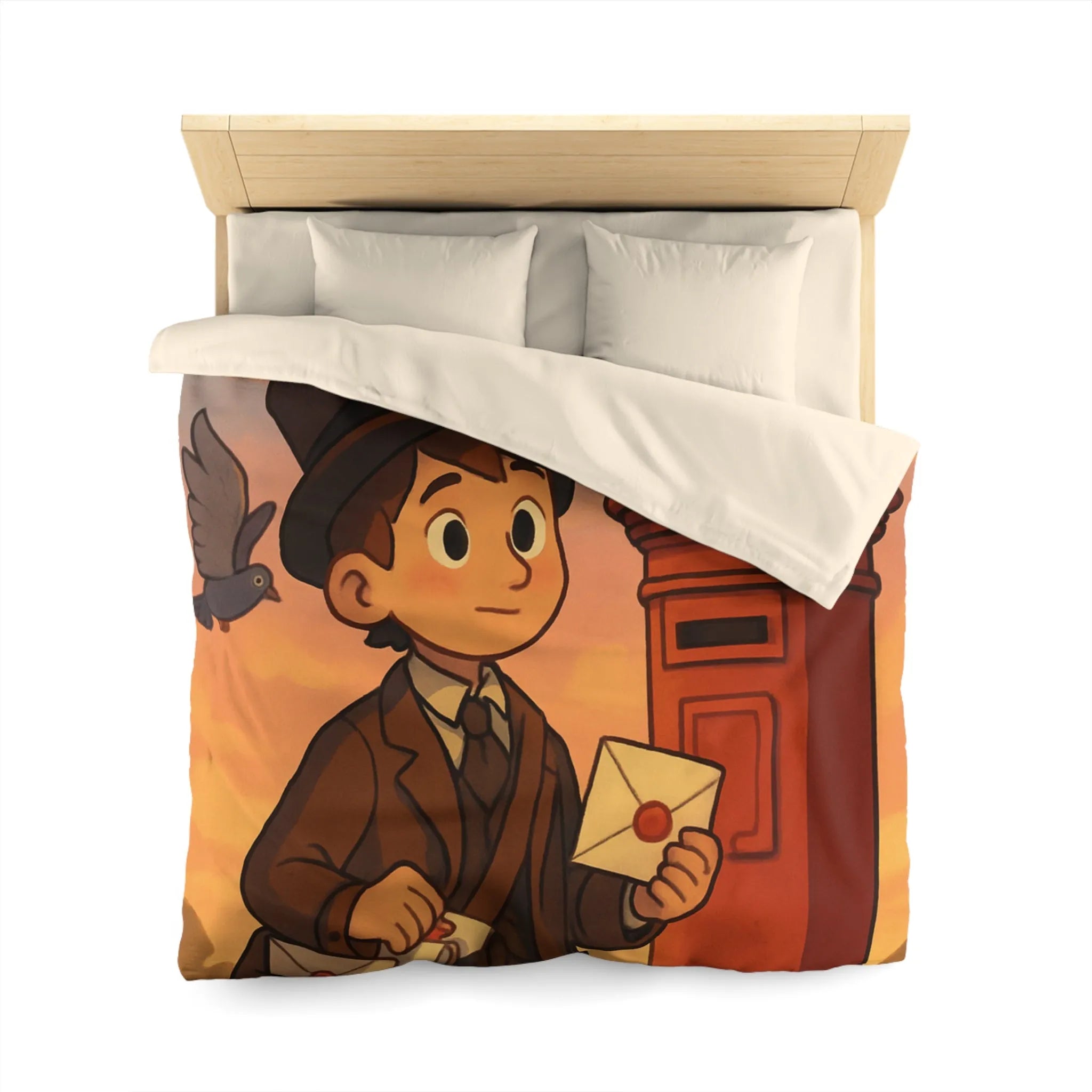 Housse de couette illustrée avec poste vintage et pigeons dans ciel au coucher du soleil