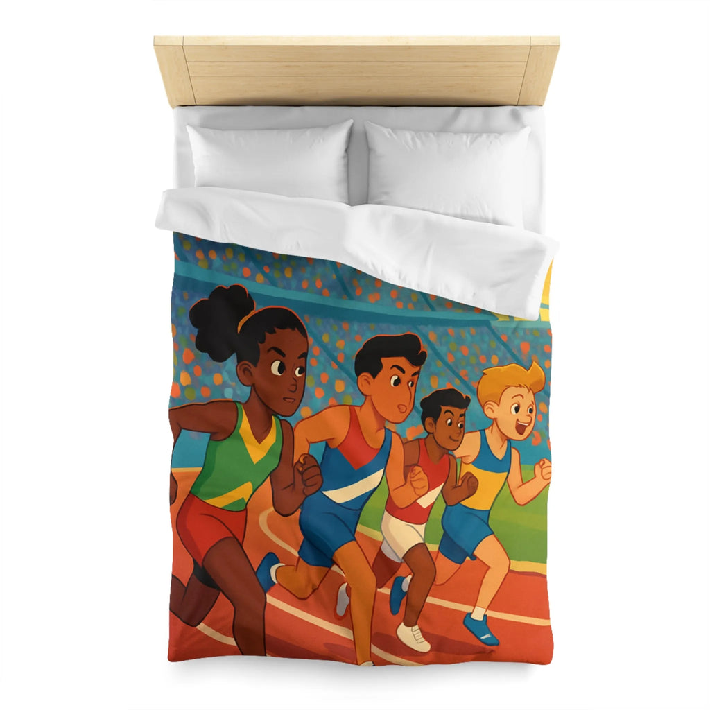 Housse de couette illustrée course d’athlétisme enfants vibrant soleil dynamique