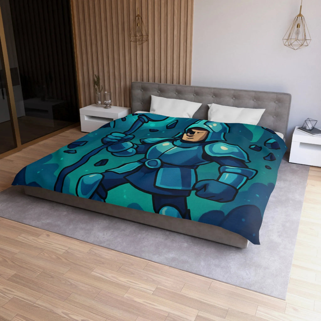 Housse de couette chevalier bleu avec sceptre magique et pierres précieuses sur fond nocturne