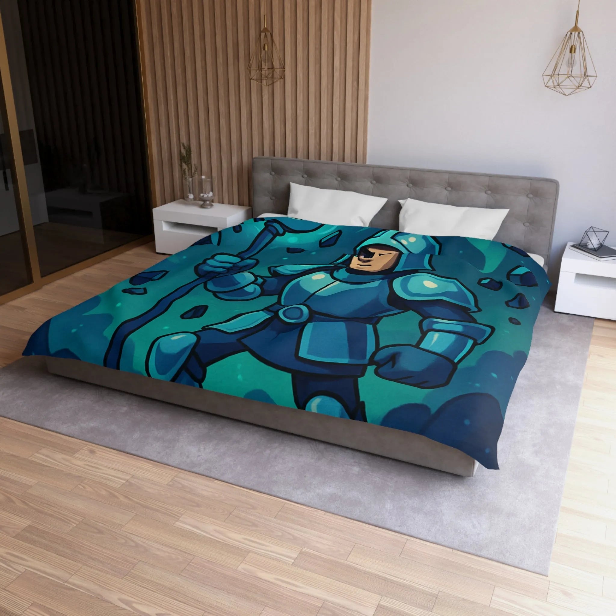 Housse de couette chevalier bleu avec sceptre magique et pierres précieuses sur fond nocturne