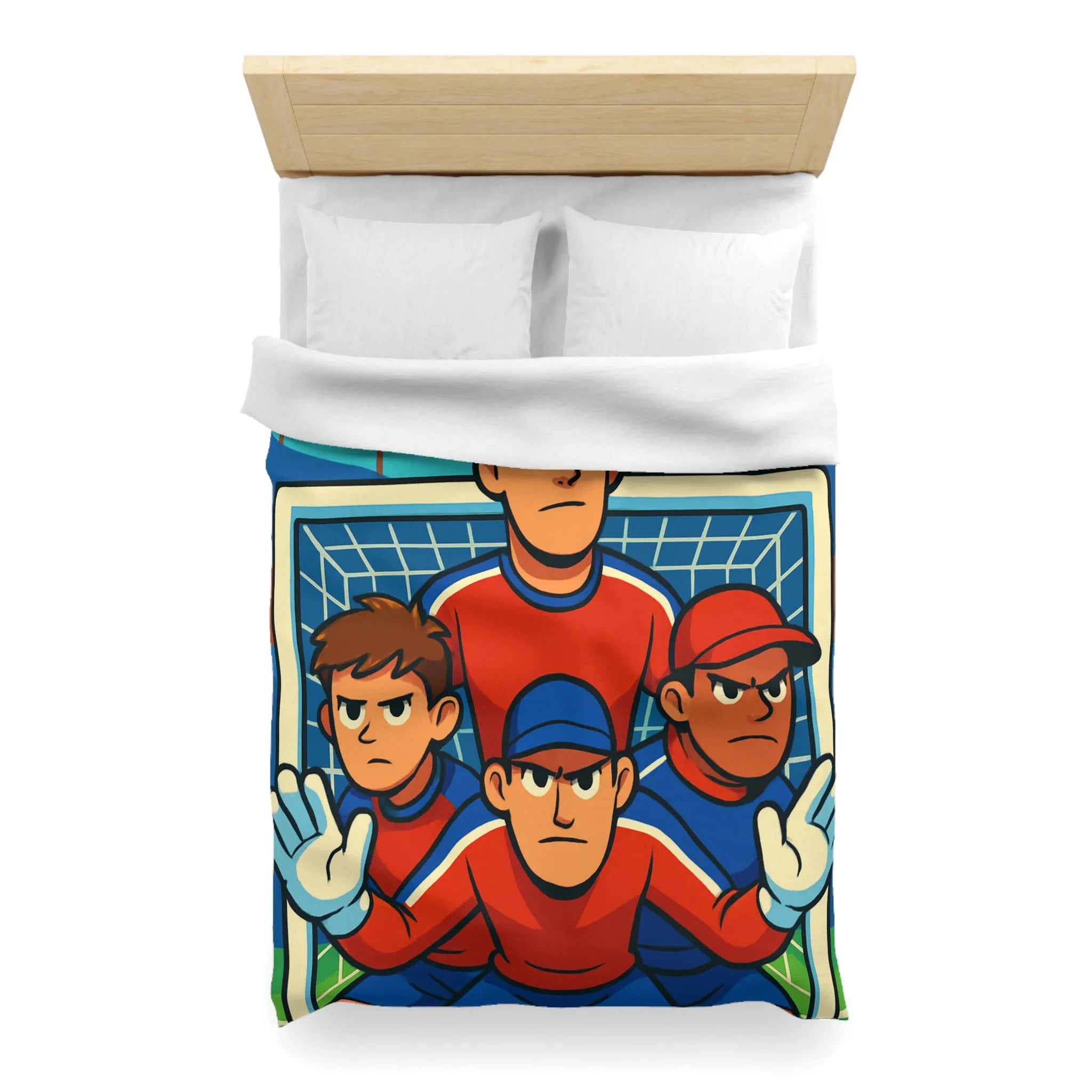 Housse de couette football dynamique avec joueurs, ballon, étoiles et trophées en illustration