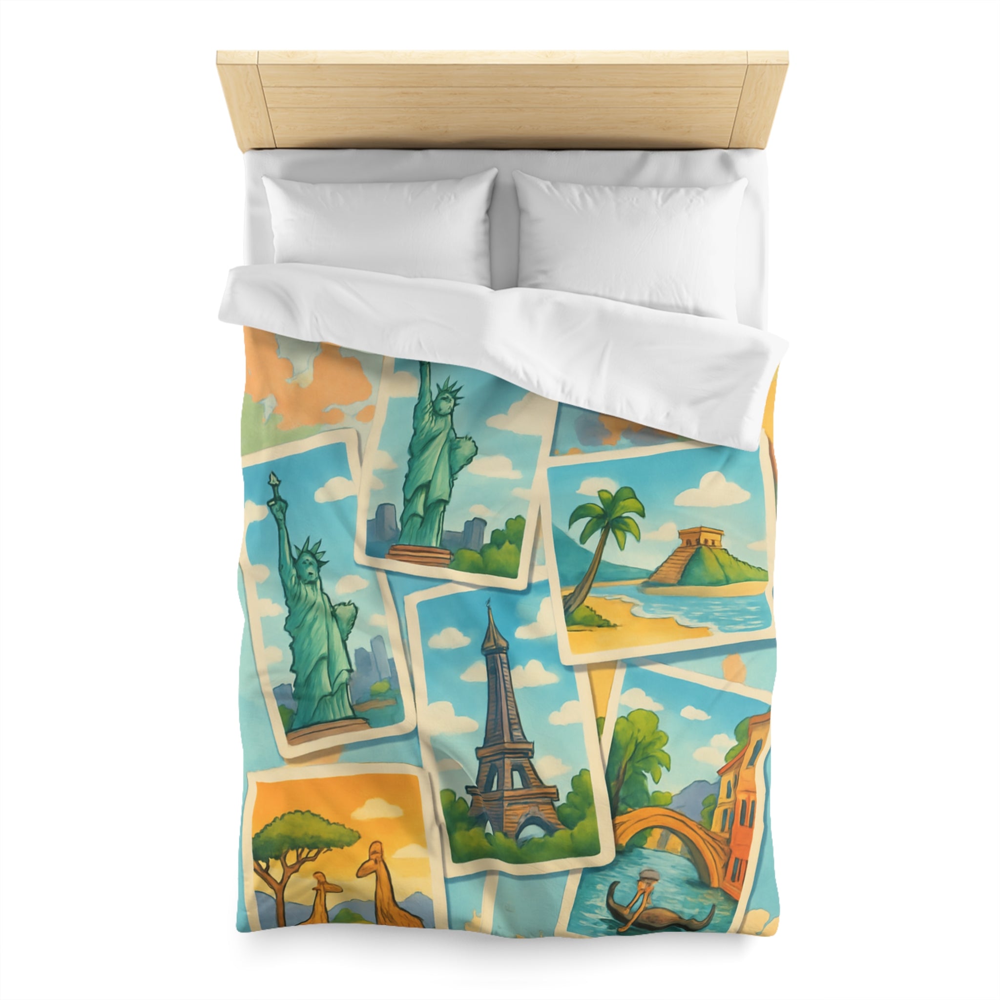 Voyage Mondial Coloré: Housse de Couette avec Monuments et Paysages Iconiques des Continents