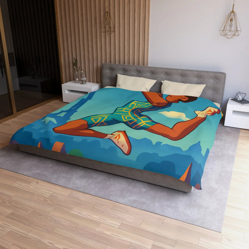 Housse de couette athlète sautant en ville avec ciel bleu et monuments célèbres