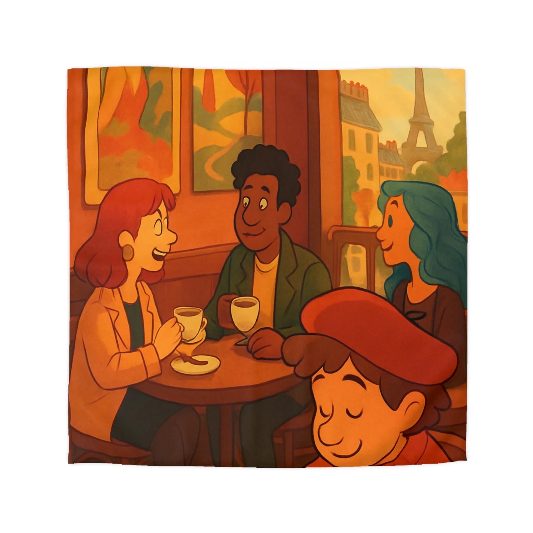 Charmante illustration de café parisien avec vue sur la Tour Eiffel en arrière-plan