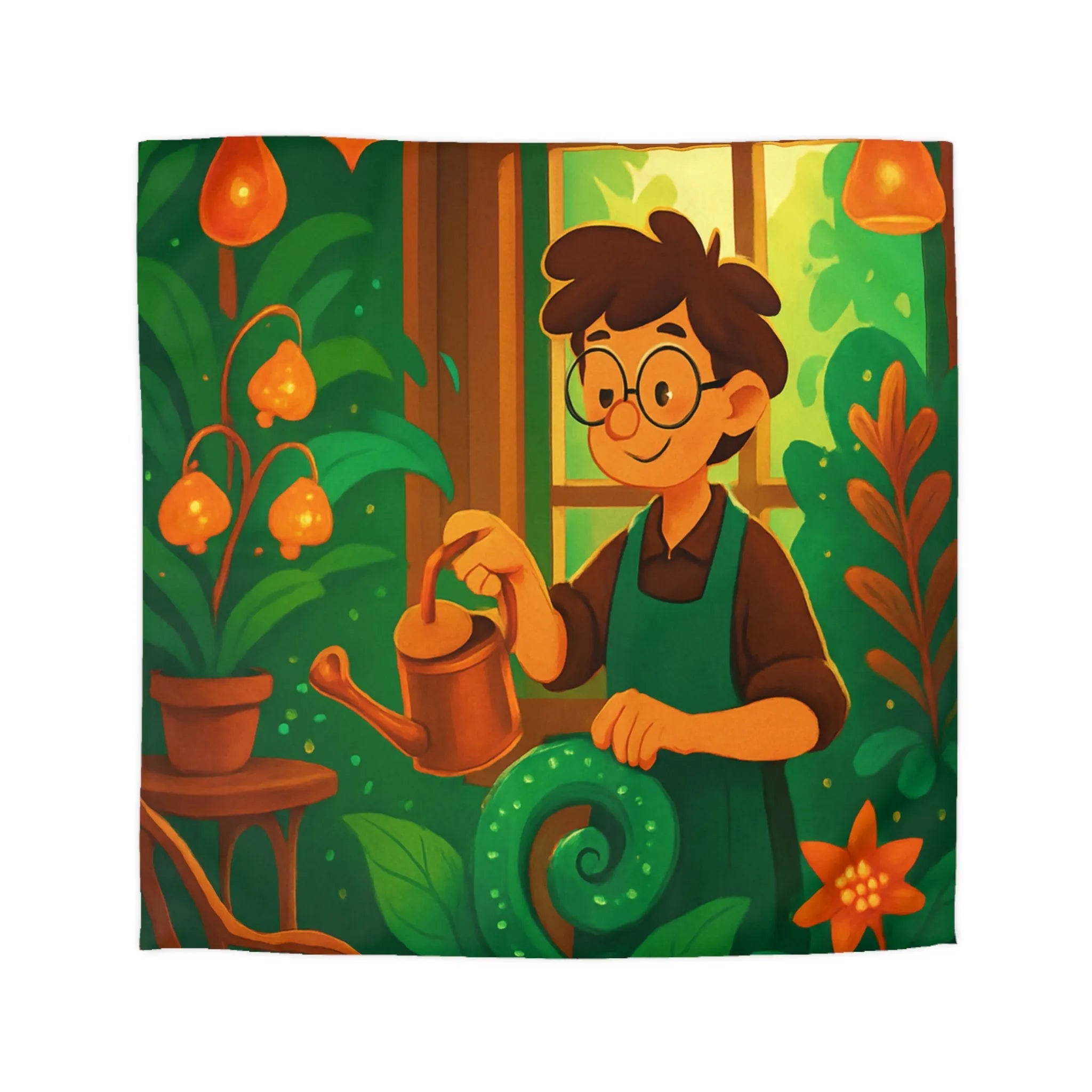 Housse de couette colorée avec illustration botanique d'intérieur et personnage jardinier animé