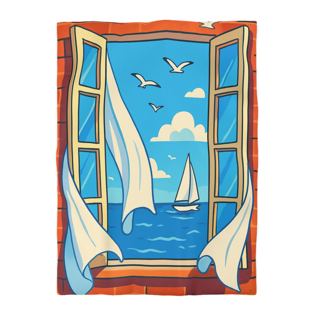 Housse de couette paysage marin fenêtre ouverte, voilier et ciel bleu serein