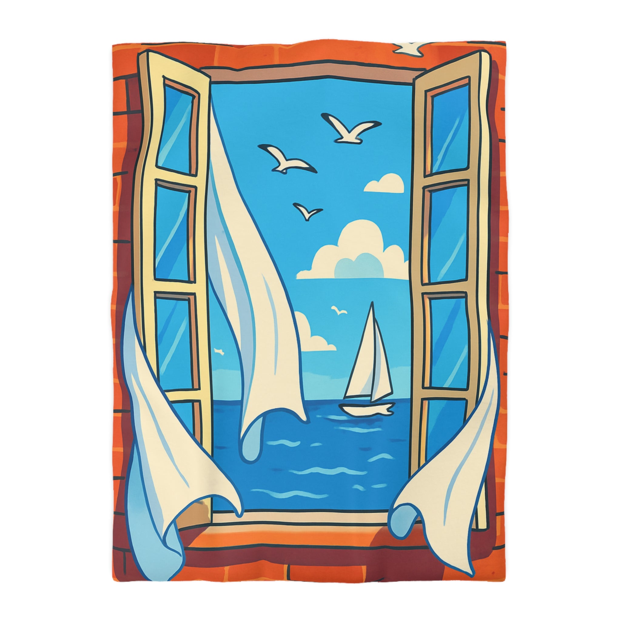 Housse de couette paysage marin fenêtre ouverte, voilier et ciel bleu serein