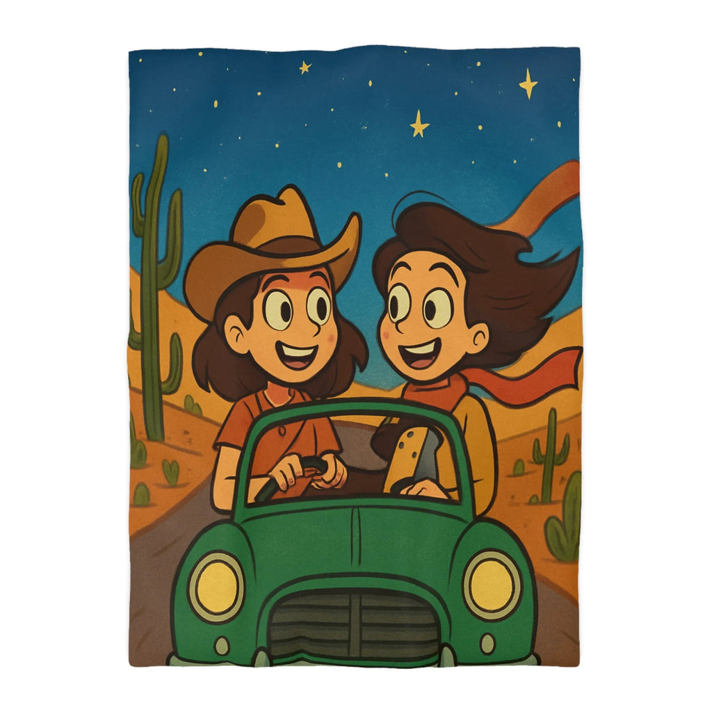 Ensemble Road Trip Enfants Désert Nuit Étoilée Voiture Verte Amusante Illustration Vintage