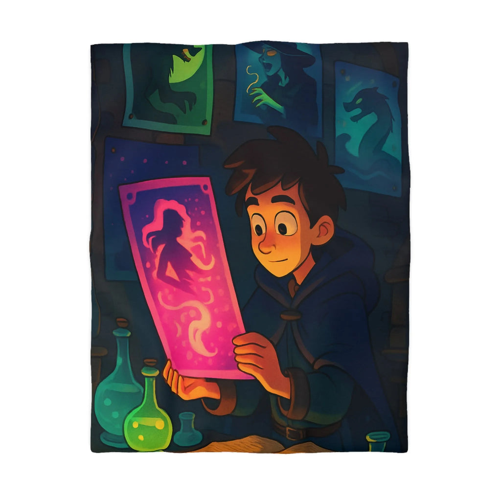 Enfant Magicien Lisant Papyrus Magique Avec Décor De Potions Et Affiches Mystiques