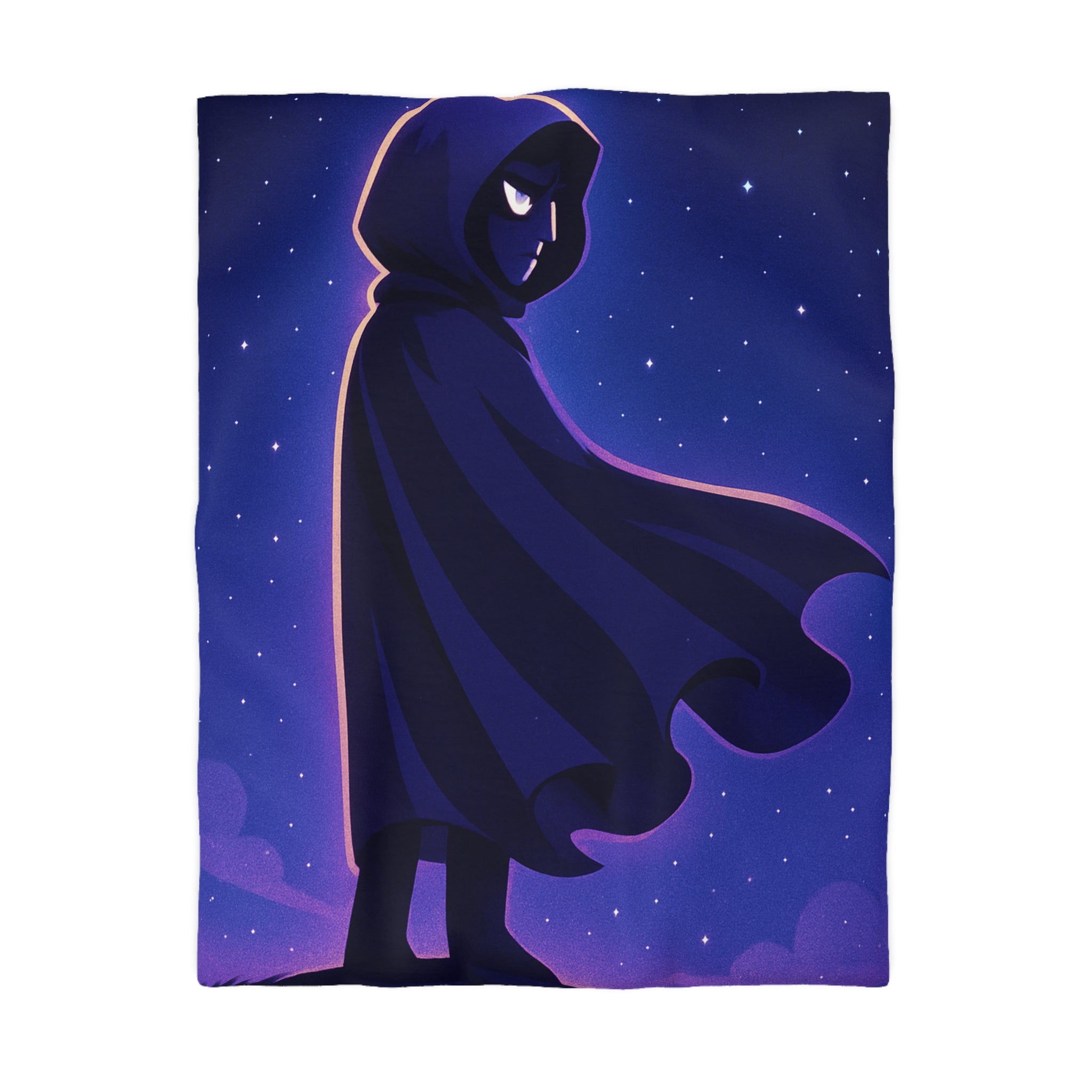 Housse de couette mystérieuse avec silhouette en cape sous un ciel étoilé magique