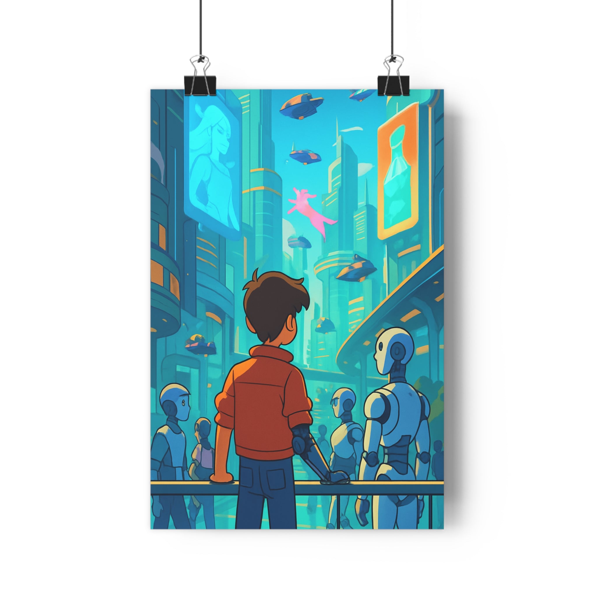 Poster décoratif futuriste bleu orange urbain salon bureau anime cyberpunk dynamique lumière moderne vibrant