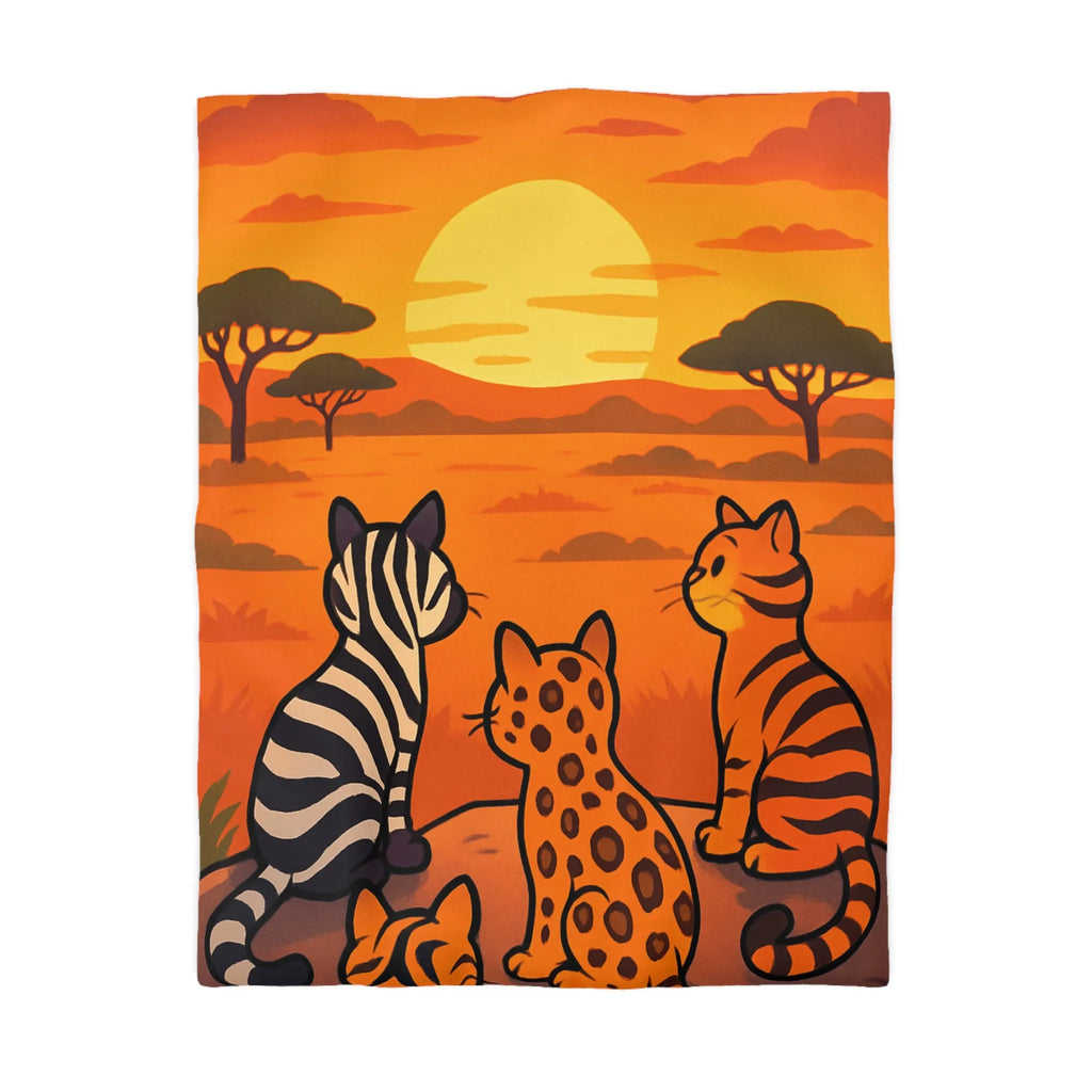 Housse de Couette avec Chats Sauvages Observant le Coucher de Soleil en Savane Africaine