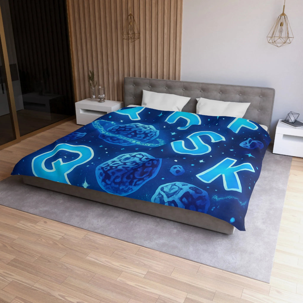 Alphabet bleuté interstellaire sur housse de couette planètes et étoiles pour décoration spatiale