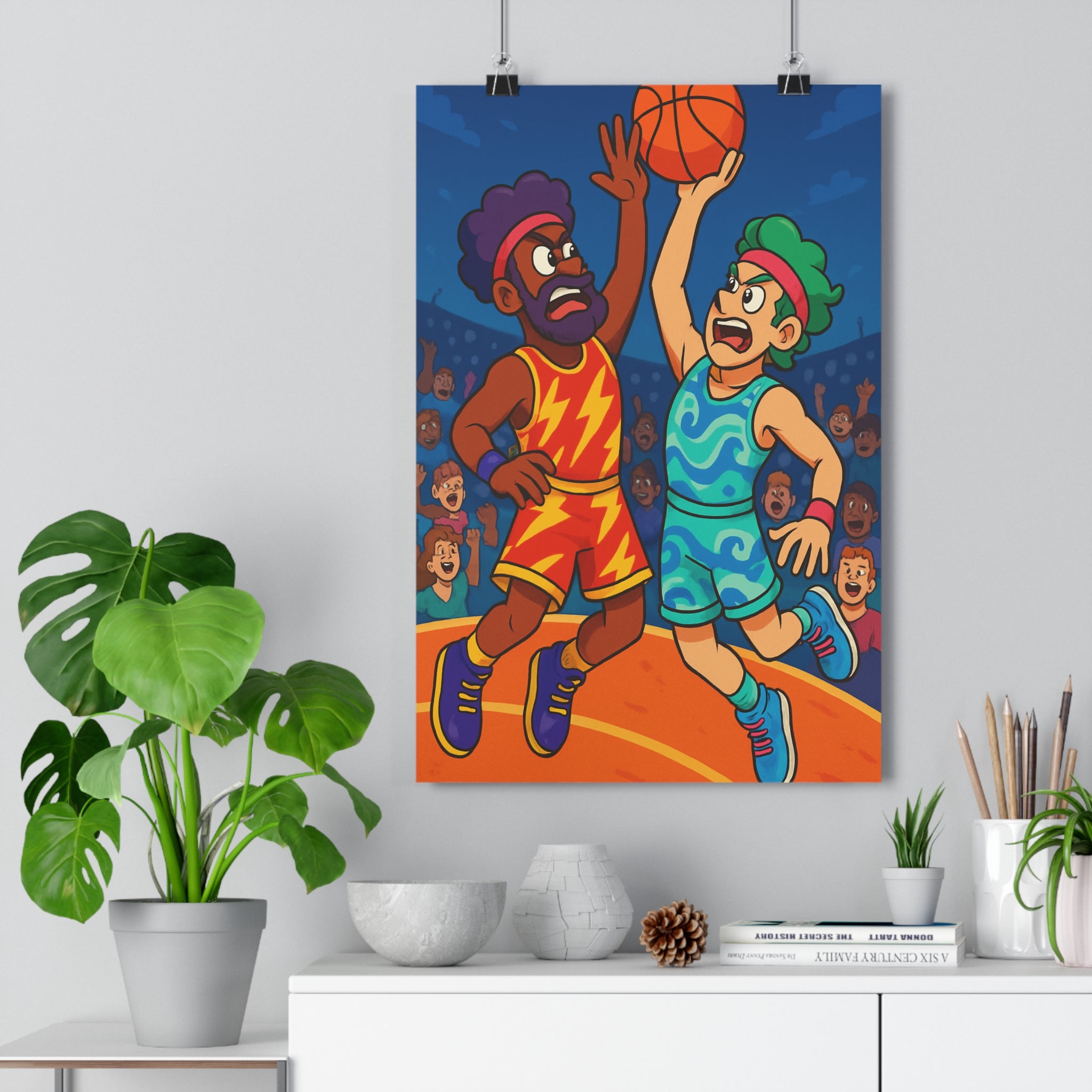 Poster décoratif anime basketball rouge bleu intense dynamique salon chambre moderne vibrant énergie unique
