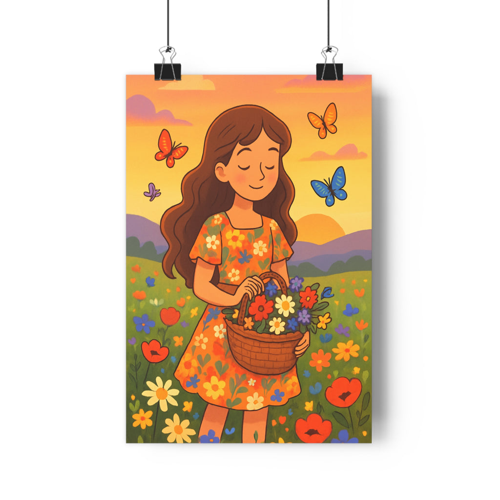 Poster décoratif floral rêveur coloré jeune fille papillons rose orange champ ambiance paisible chambre