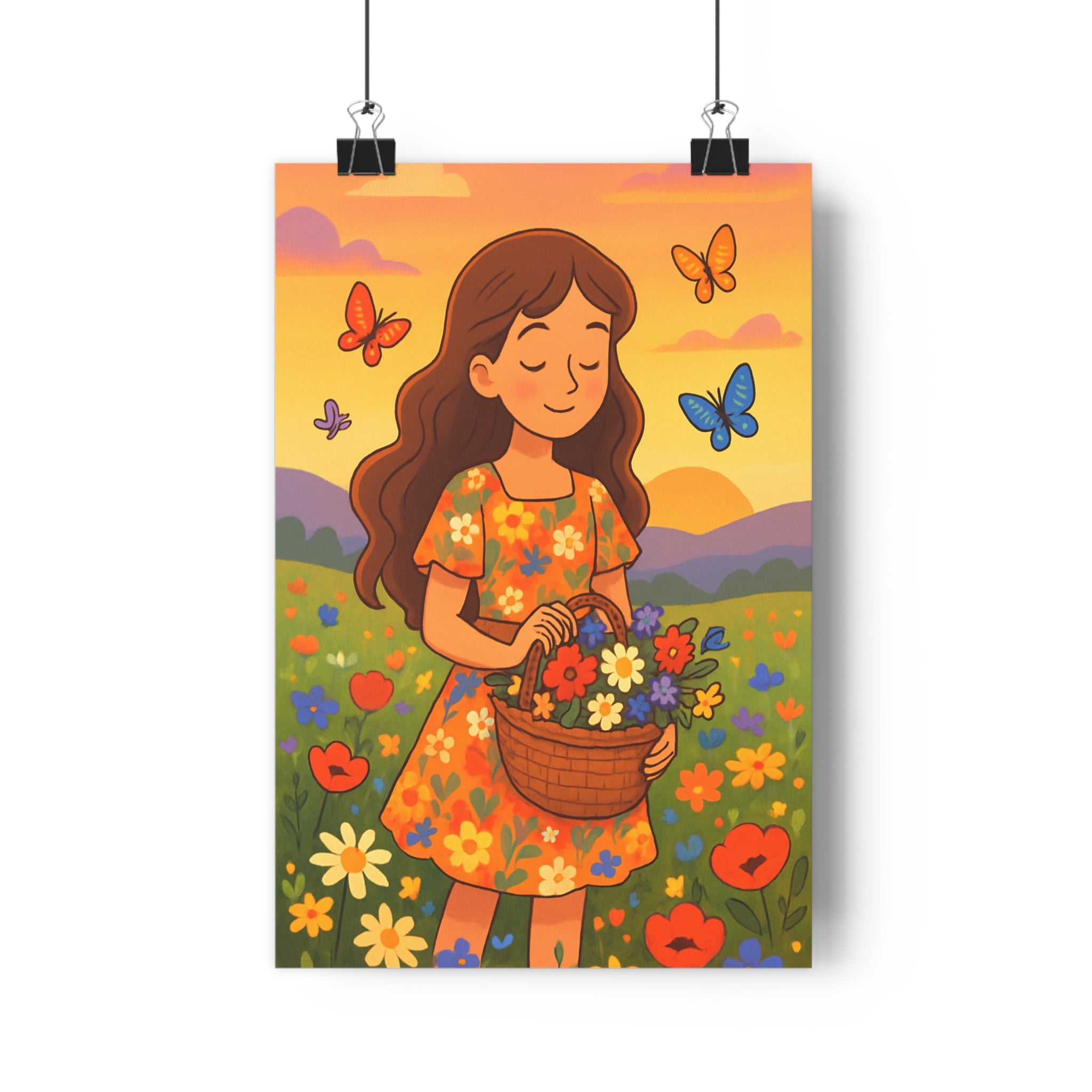 Poster décoratif floral rêveur coloré jeune fille papillons rose orange champ ambiance paisible chambre