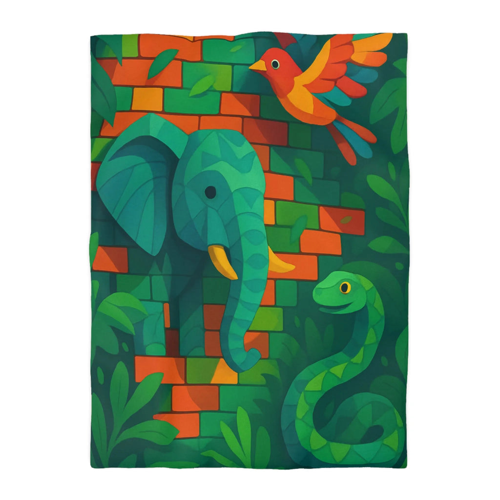 Housse de couette jungle vibrante avec éléphant, oiseau, serpent et feuillage luxuriant
