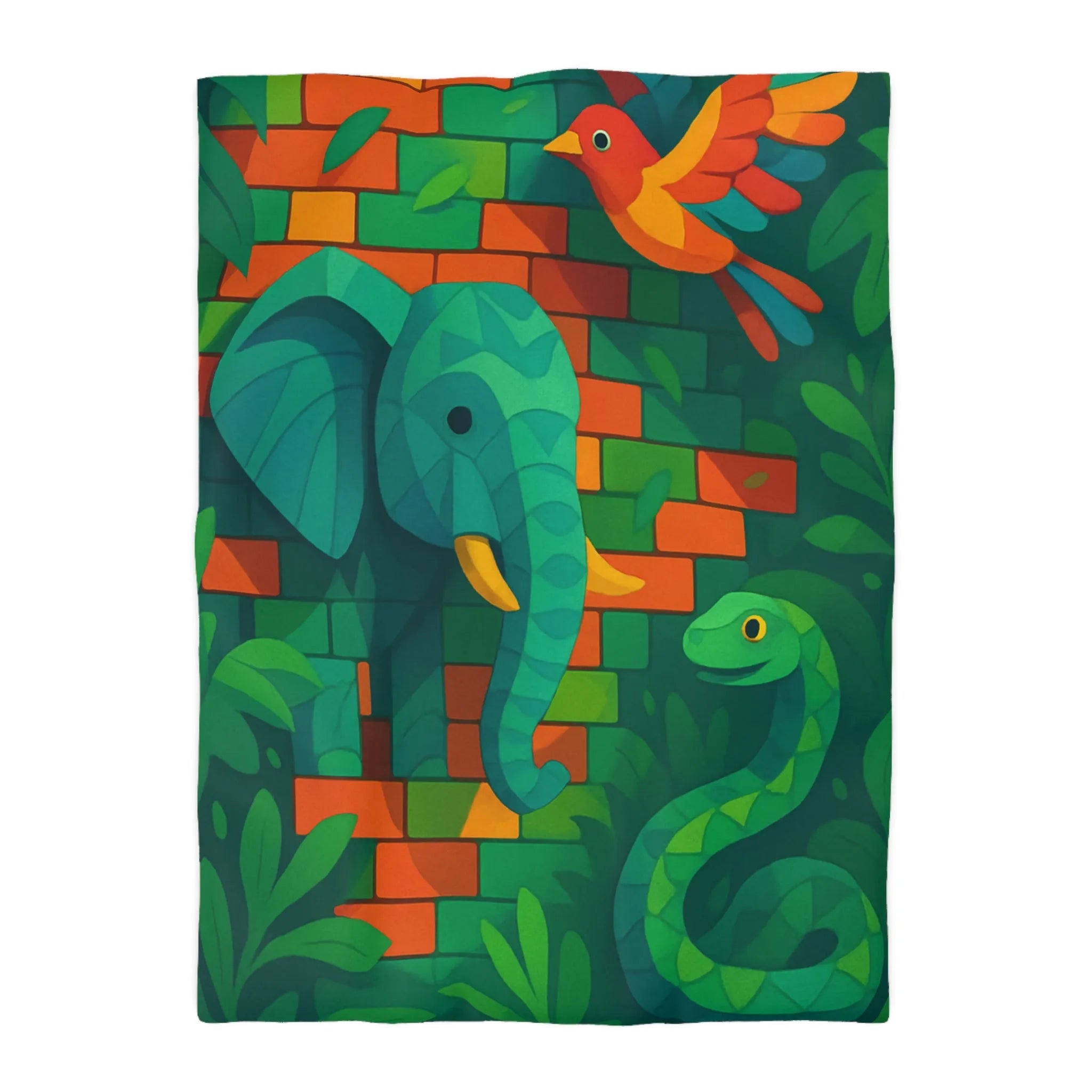 Housse de couette jungle vibrante avec éléphant, oiseau, serpent et feuillage luxuriant