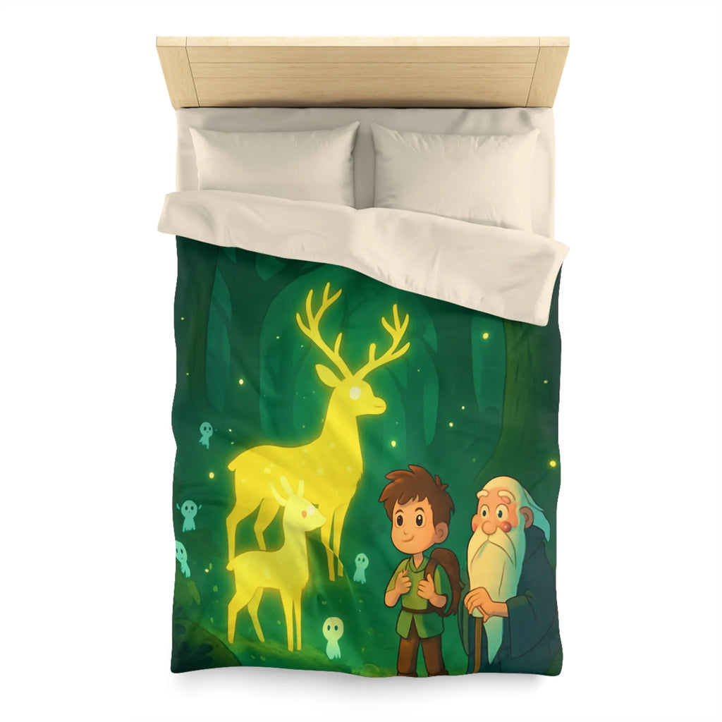 Housse de couette féerique avec cerfs lumineux et personnages dans une forêt enchantée