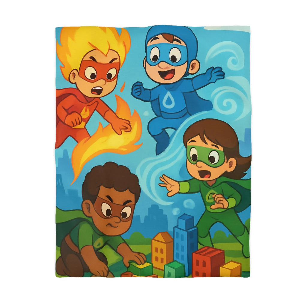 Housse de couette enfant avec super-héros colorés en action dans une ville imaginaire