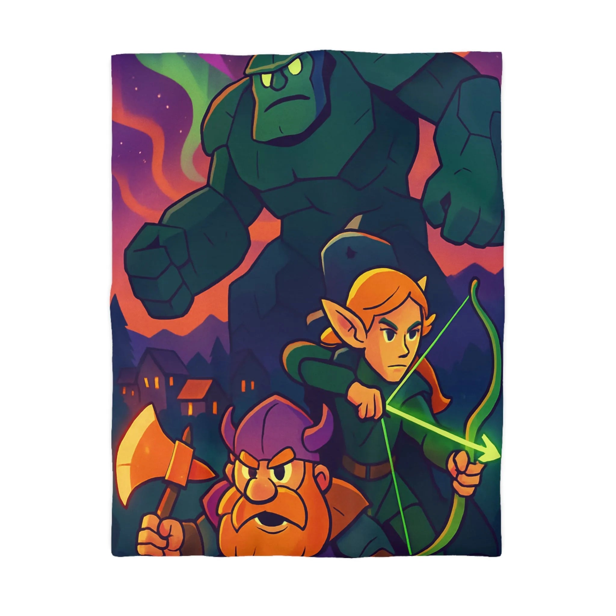 Housse de Couette Fantastique avec Guerrier, Archer et Golem sous Aurores Boréales Éclatantes