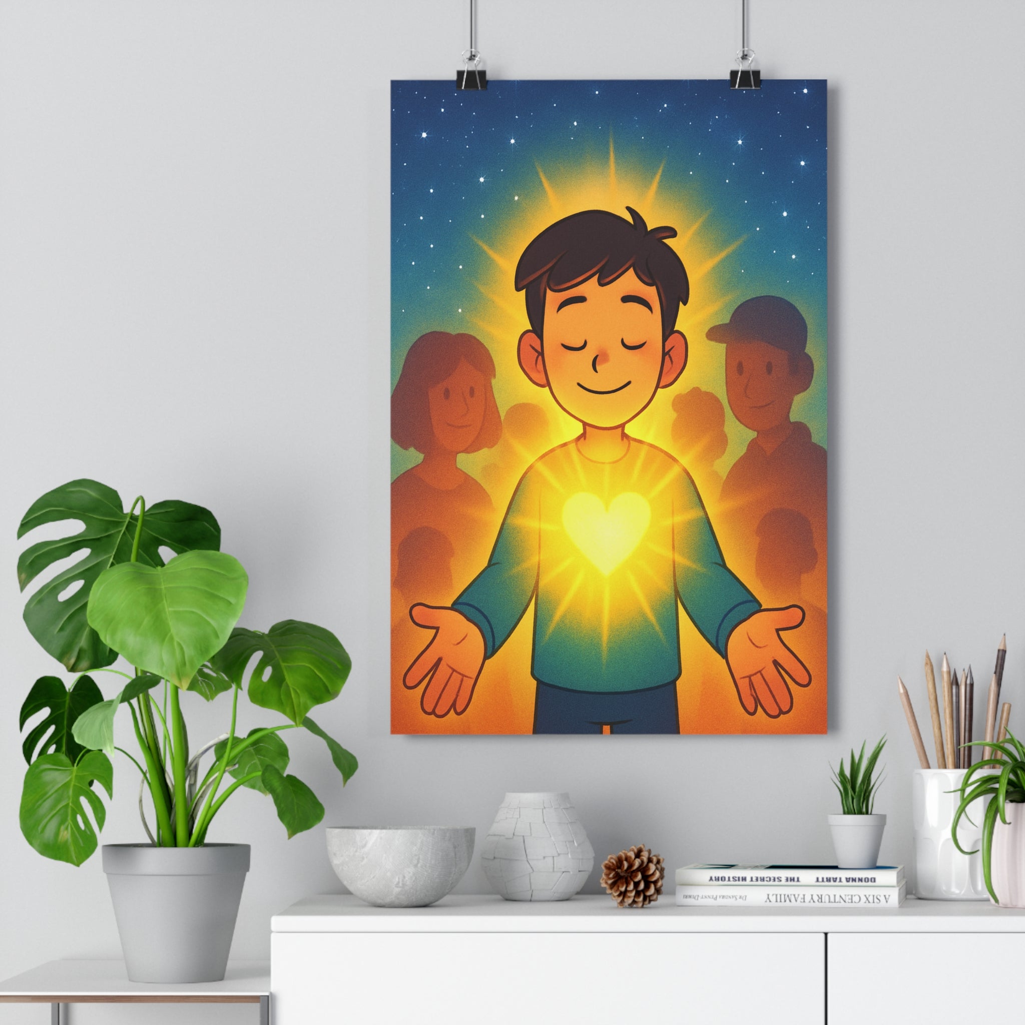 Poster décoratif anime jaune orange aventurier émotion douceur chambre salon ambiance apaisante design contemporain