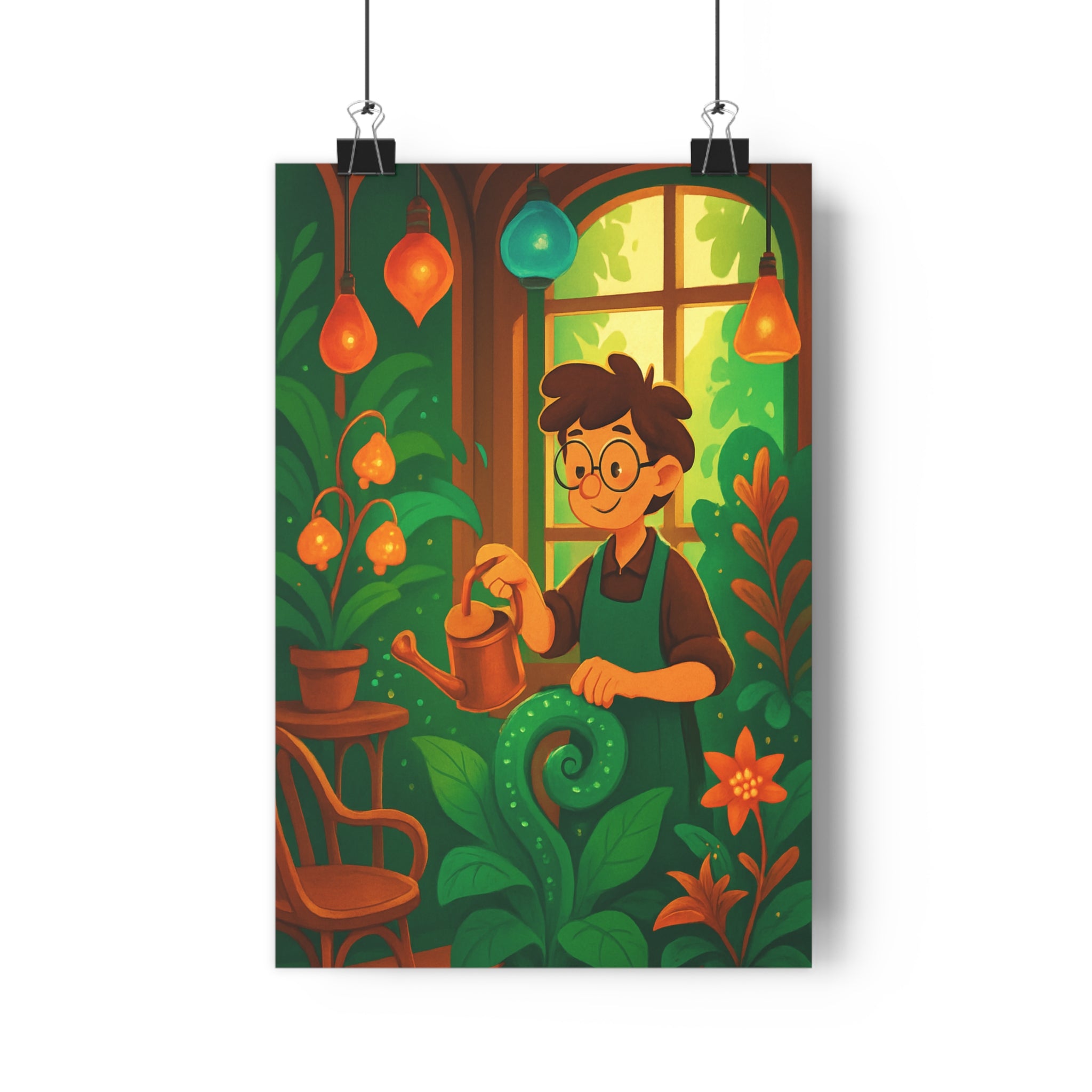 Poster décoratif animé vert orange féerique joyeux salon chambre intérieur lumière moderne luxuriant jardinier