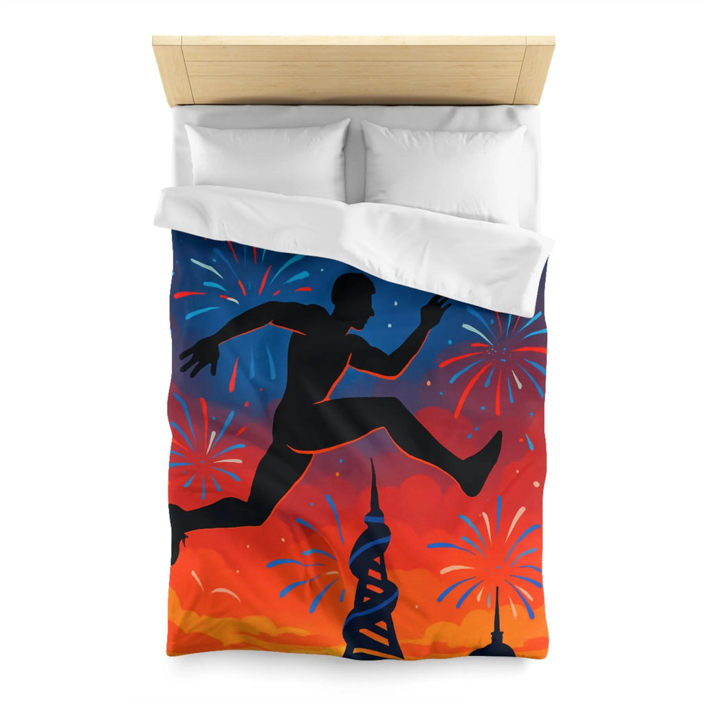 Housse de couette avec silhouette sportive et feux d'artifice, ambiance nocturne colorée