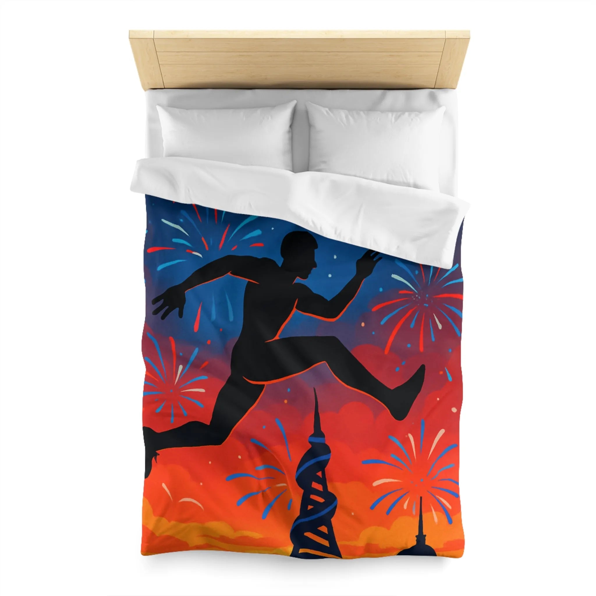 Housse de couette avec silhouette sportive et feux d'artifice, ambiance nocturne colorée