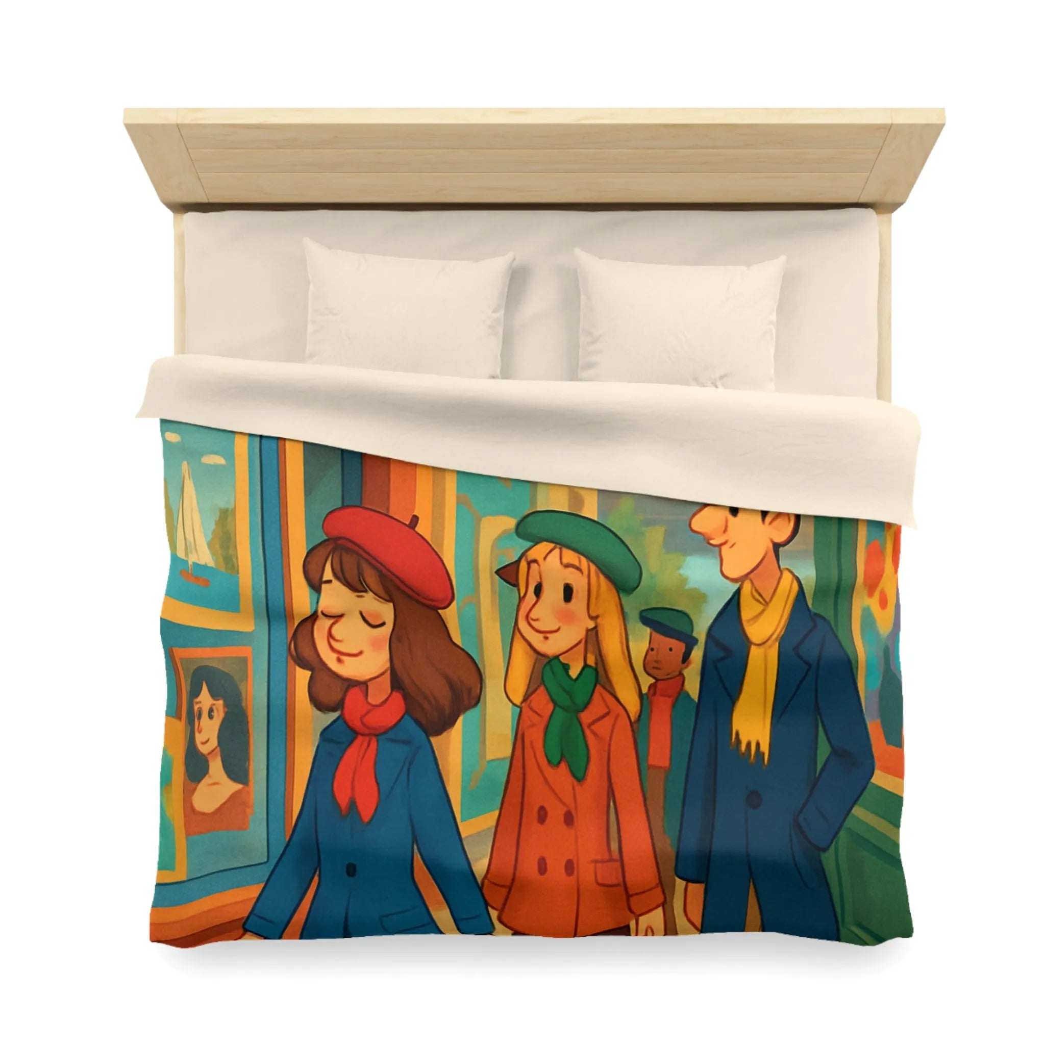 Housse de couette illustrée Paris promenade style rétro avec amis et Tour Eiffel