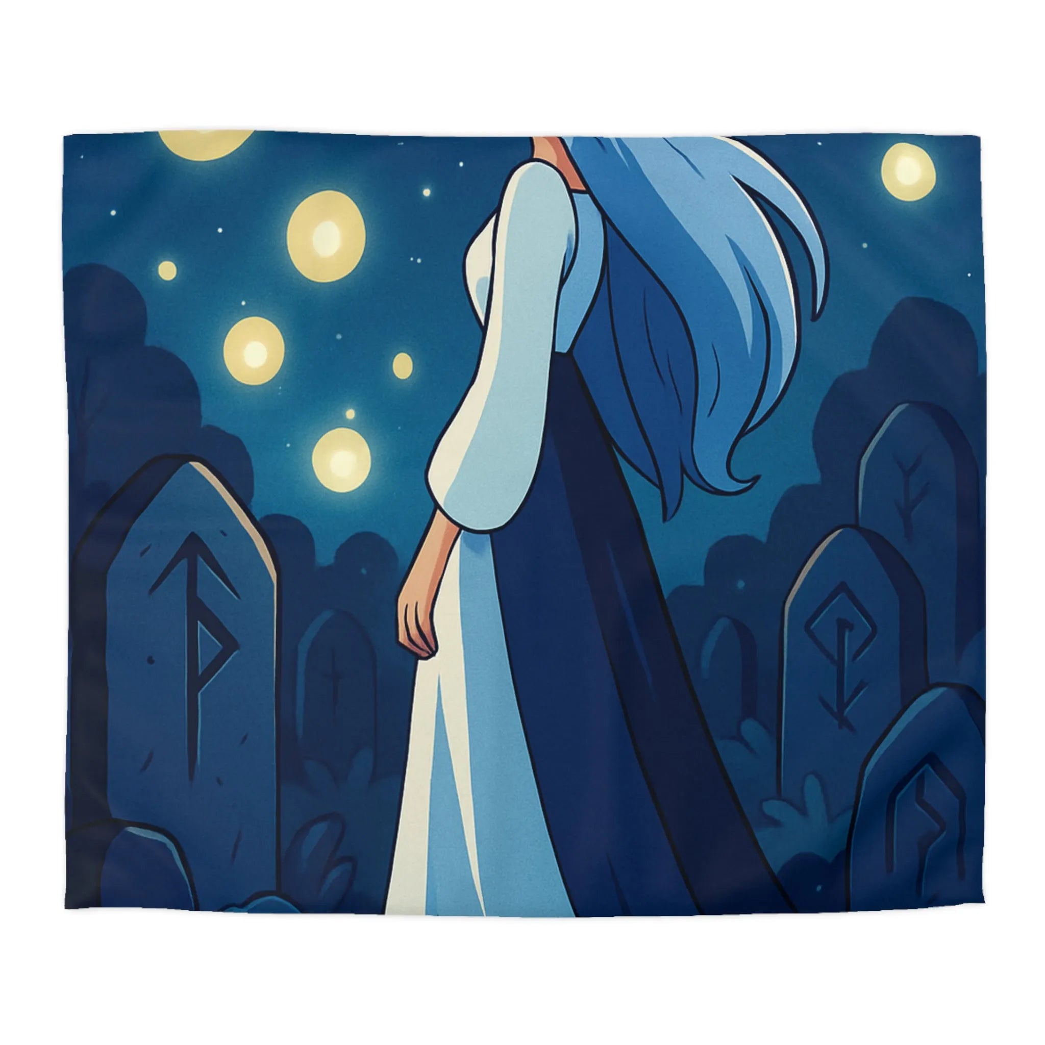 Housse de couette avec femme éthérée dans un cimetière éclairé par des lucioles mystiques