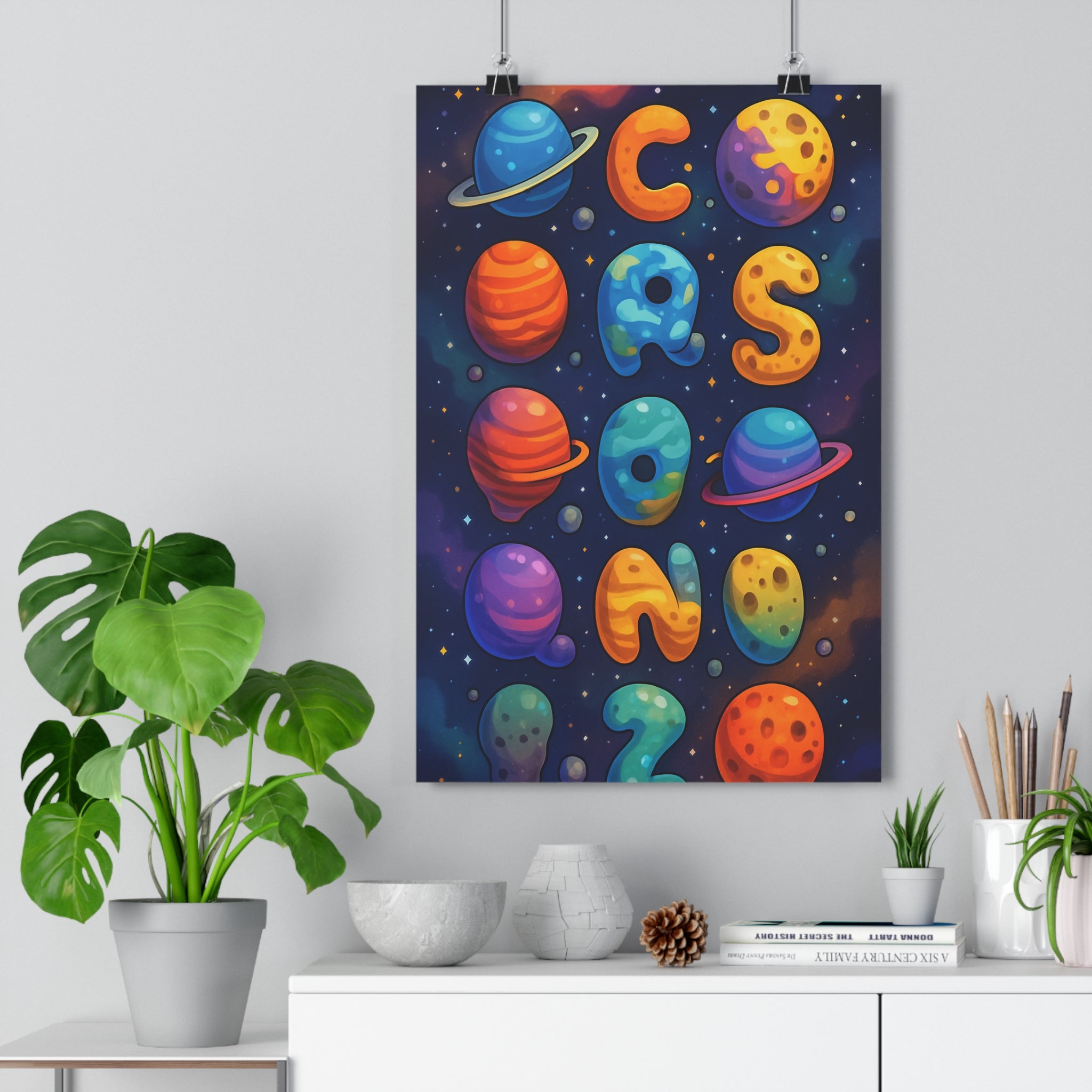 Poster décoratif abécédaire cosmique bleu violet orange cartoon joyeux chambre enfant espace ludique 30x46