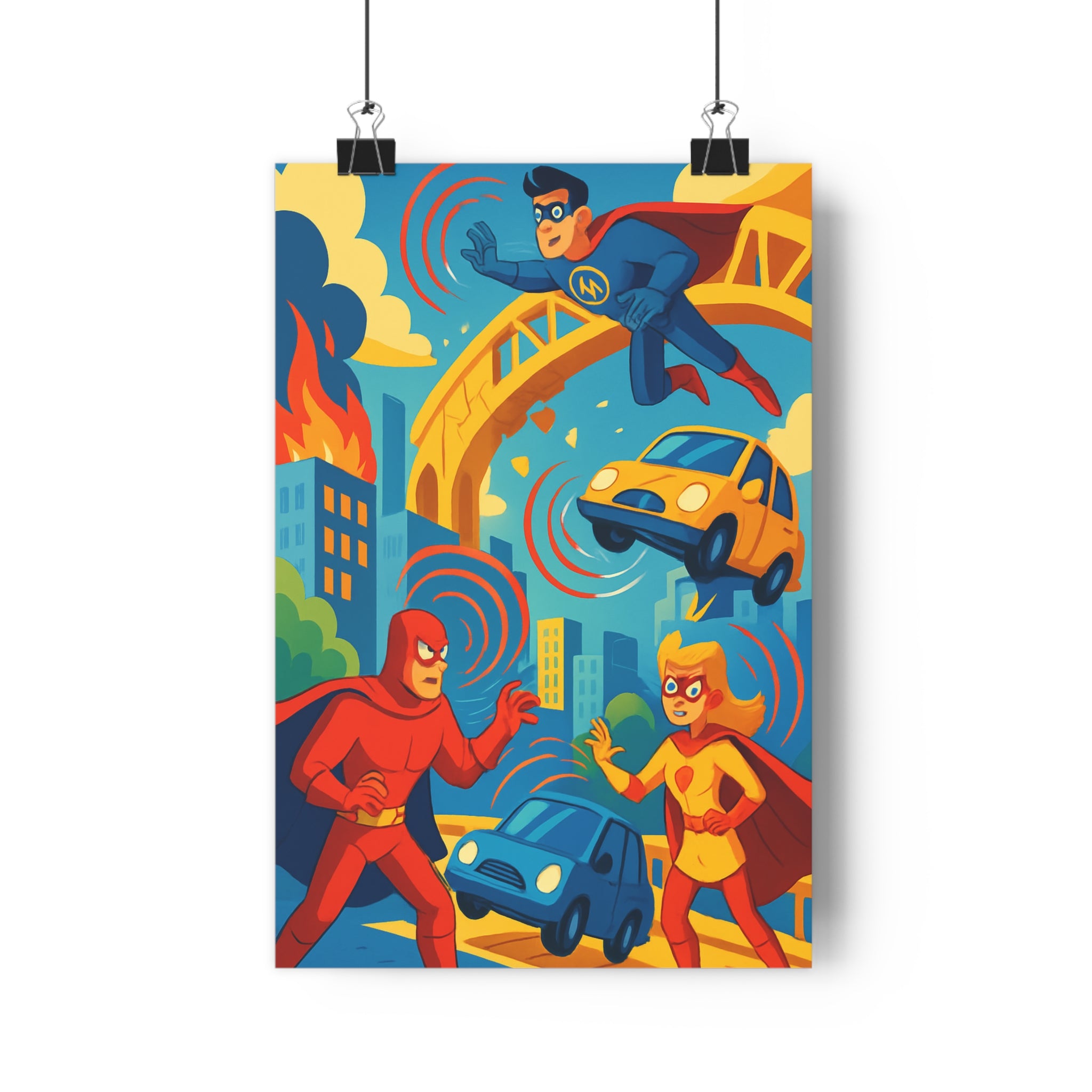 Poster décoratif cartoon superhéros dynamique bleu rouge jaune aventure chambre enfant coloré vibrant captivant