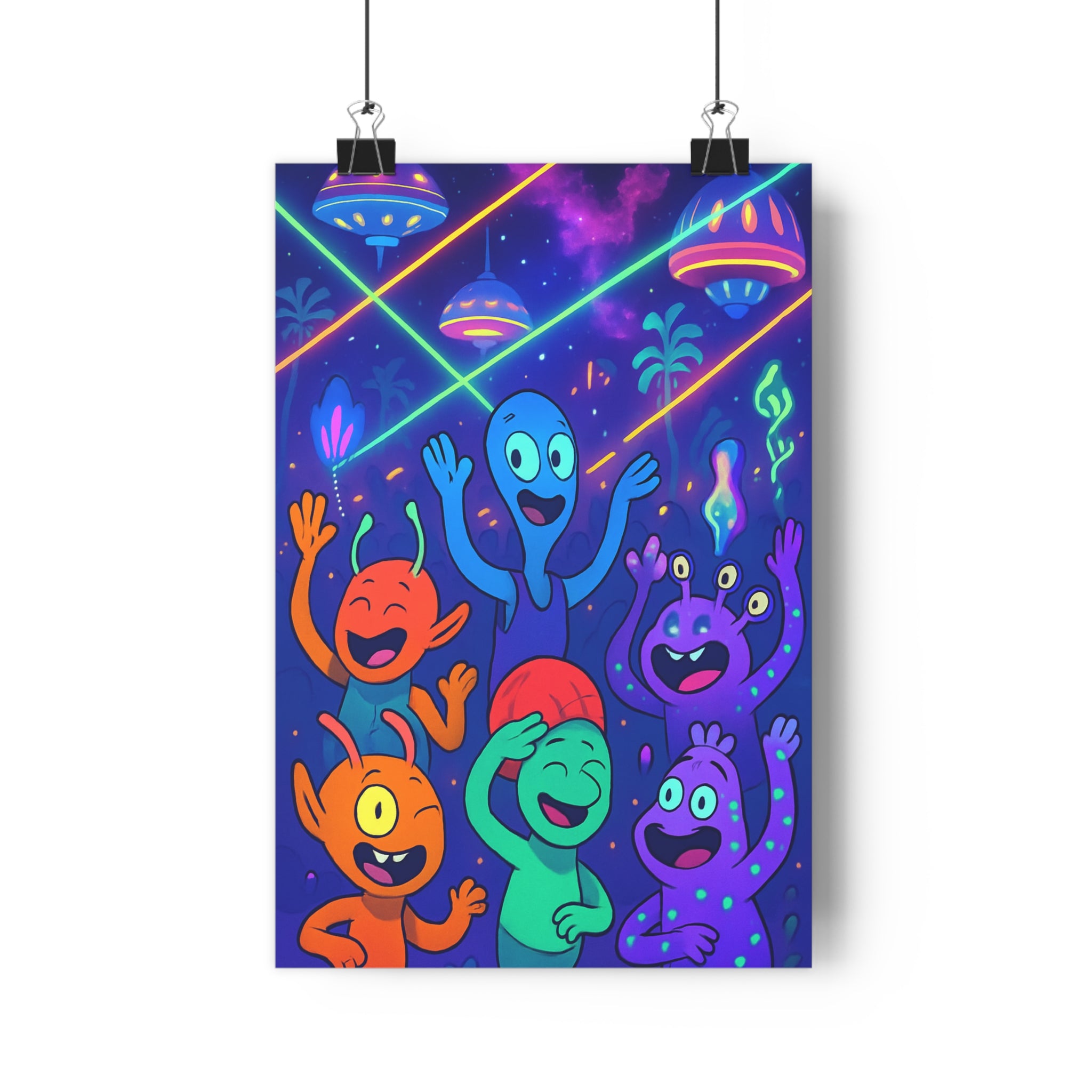 Poster décoratif cartoon néon bleu violet orange vert extraterrestre joyeux salon chambre bureau 30x46