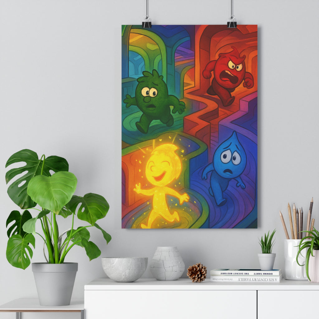 Poster décoratif fantaisie cartoon jaune rouge vert bleu joyeux chambre enfant salon vibrant émotion