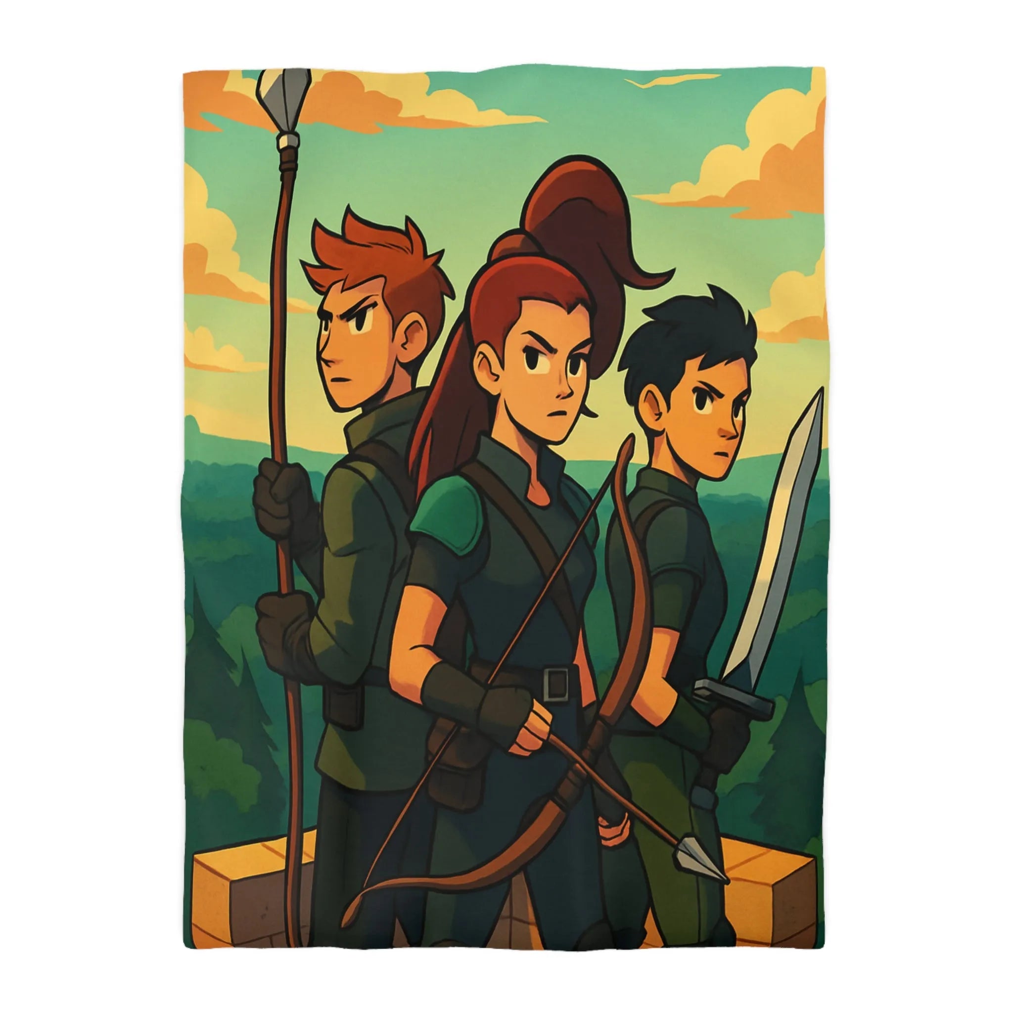 Housse de couette illustrée trois héros médiévaux arc épée forêt château aube