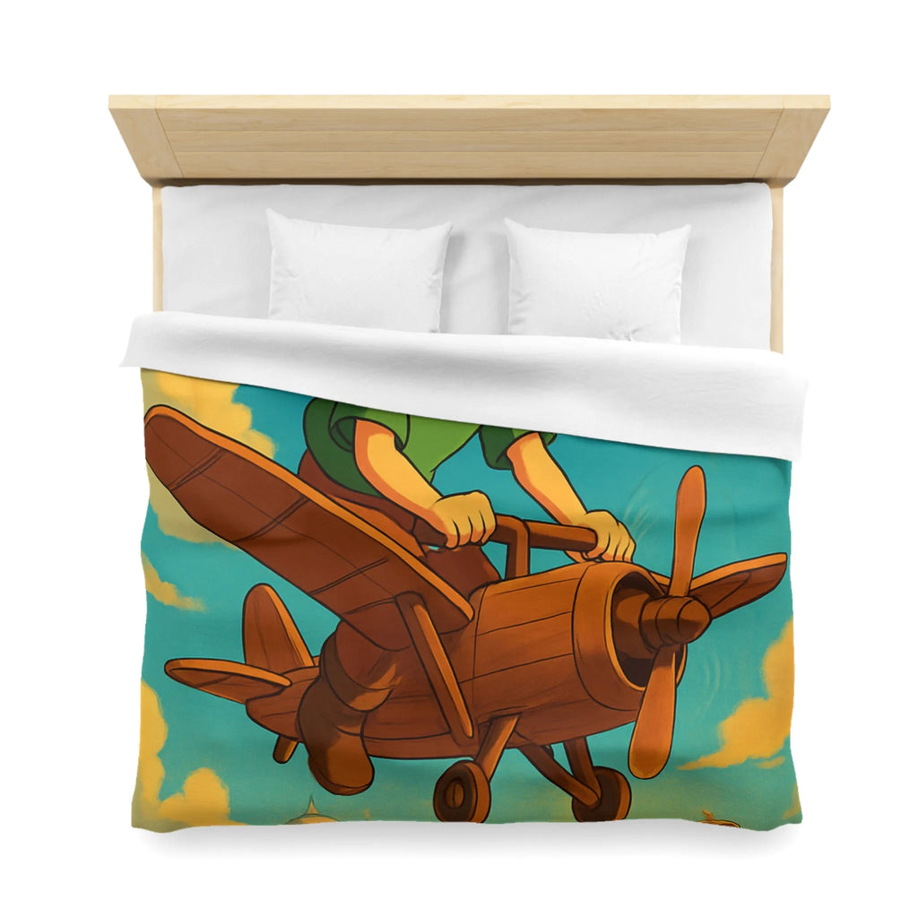 Aventure enfantine avec avion en bois survolant palais nuageux au coucher du soleil