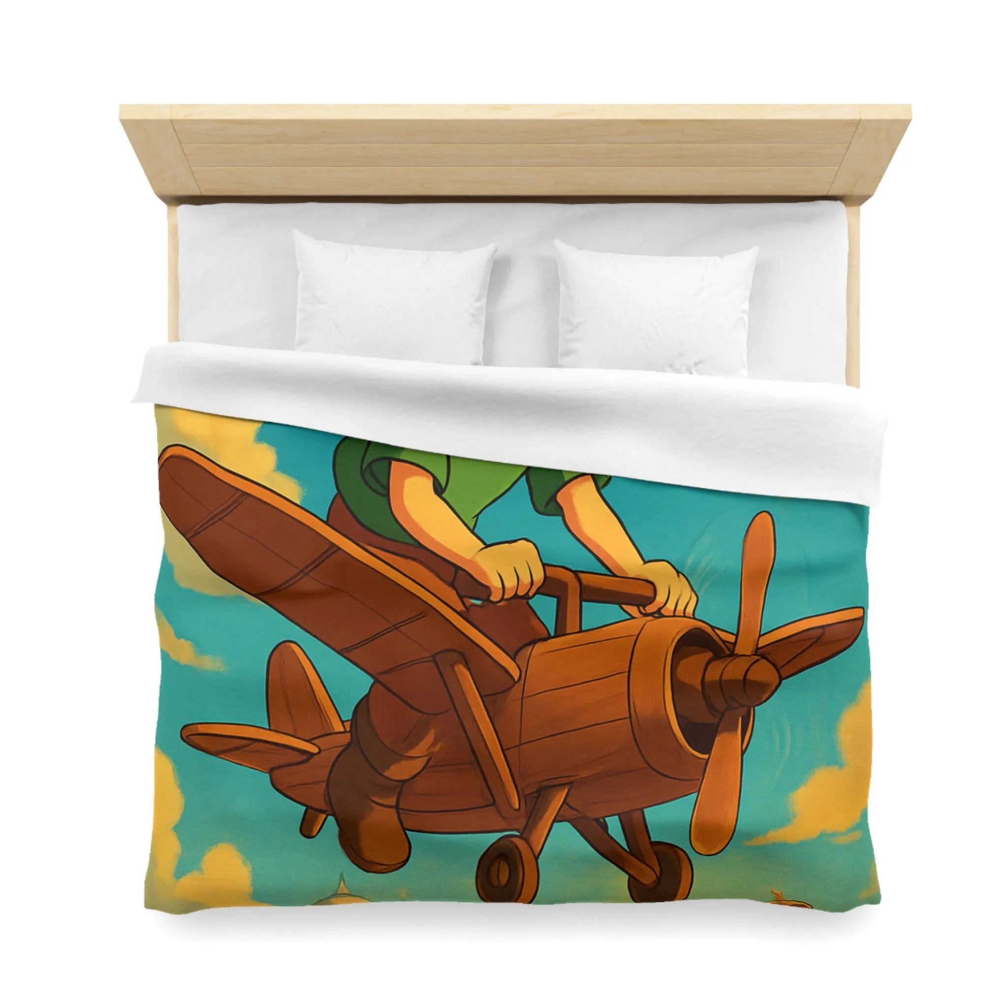 Aventure enfantine avec avion en bois survolant palais nuageux au coucher du soleil