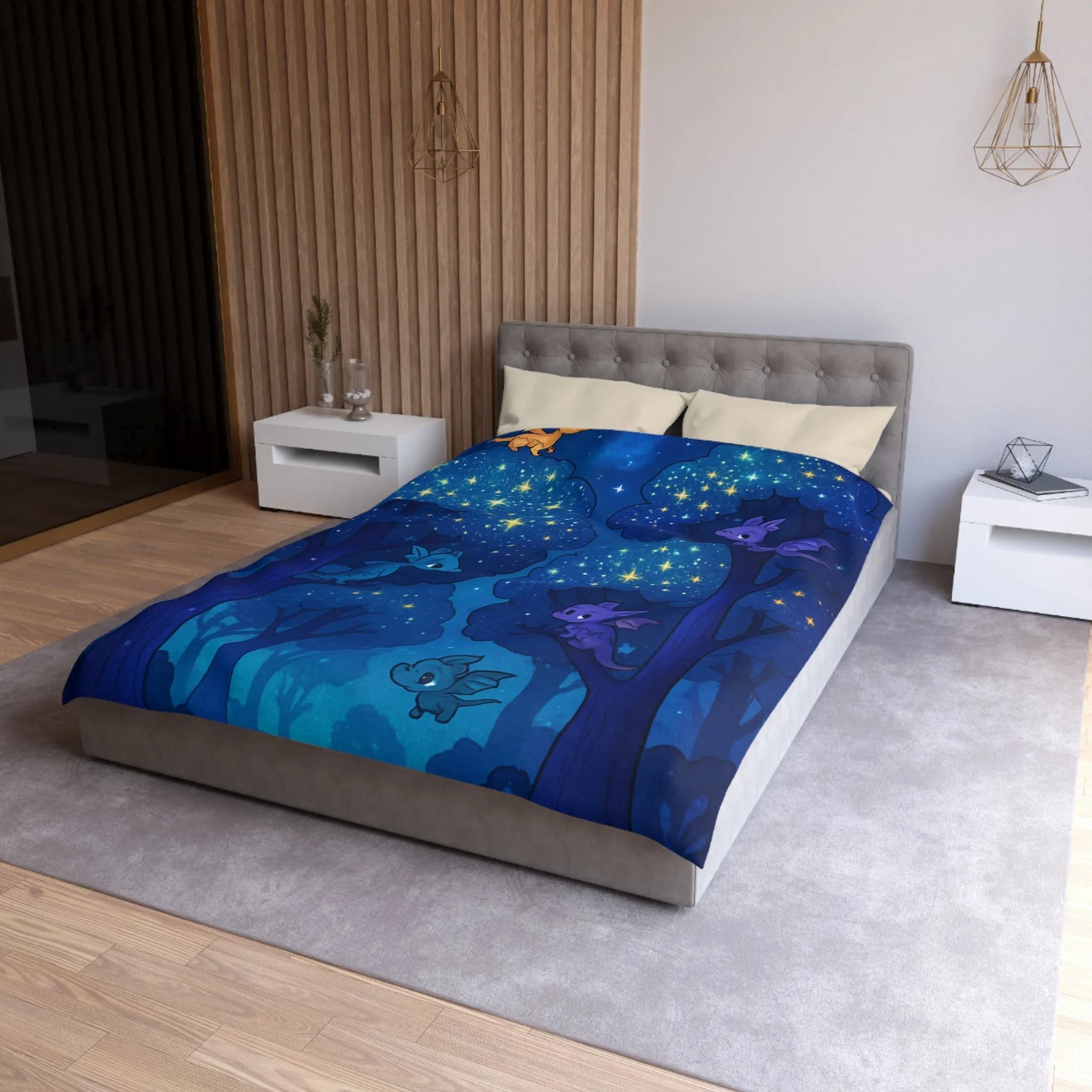 Housse de couette forêt nocturne enchantée avec dragons colorés et ciel étoilé