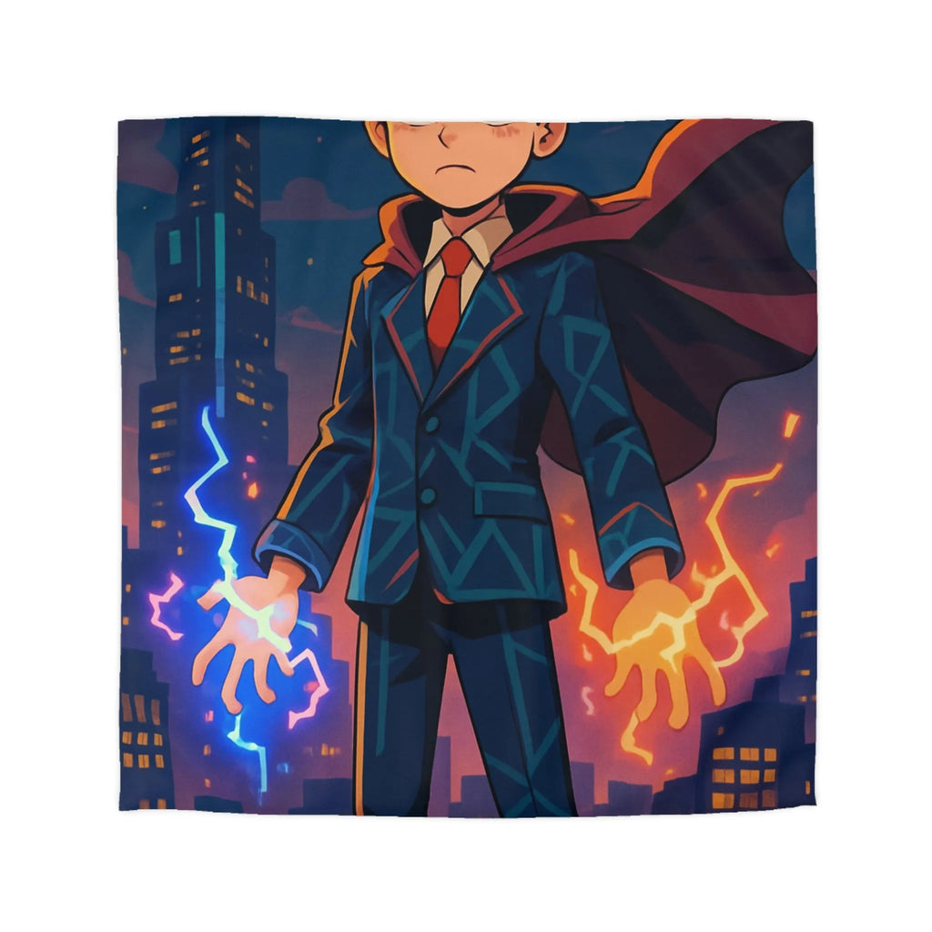 Housse de couette avec jeune magicien urbain; électricité magique, ambiance ville nocturne