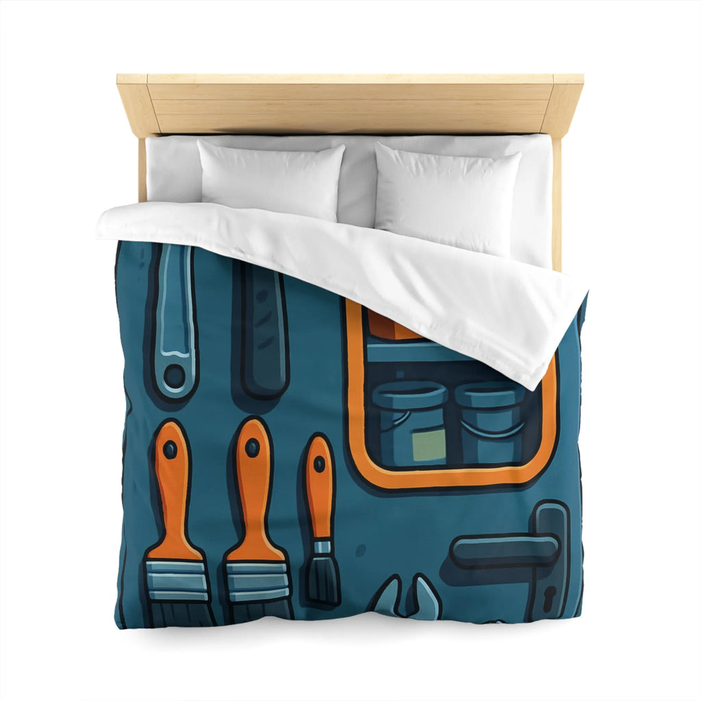 Housse de couette bleue avec outils et étagères pour atelier créatif moderne