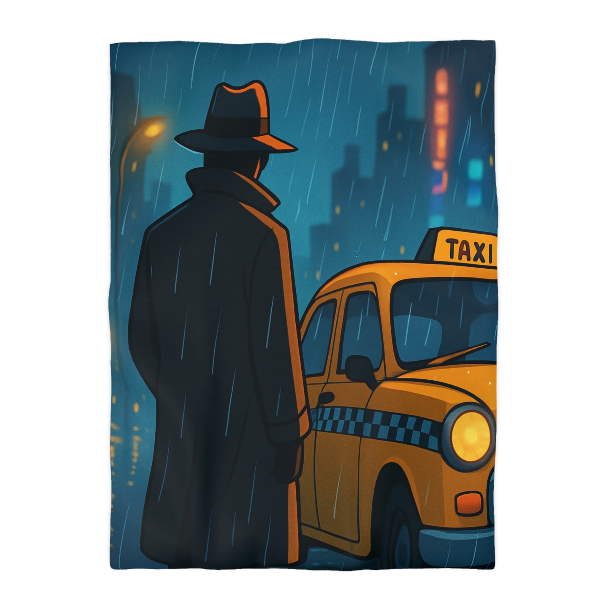Mystérieux Homme En Imper Parapluie Noir Attendant Taxi Jaune Sous Pluie Urbaine Nocturne