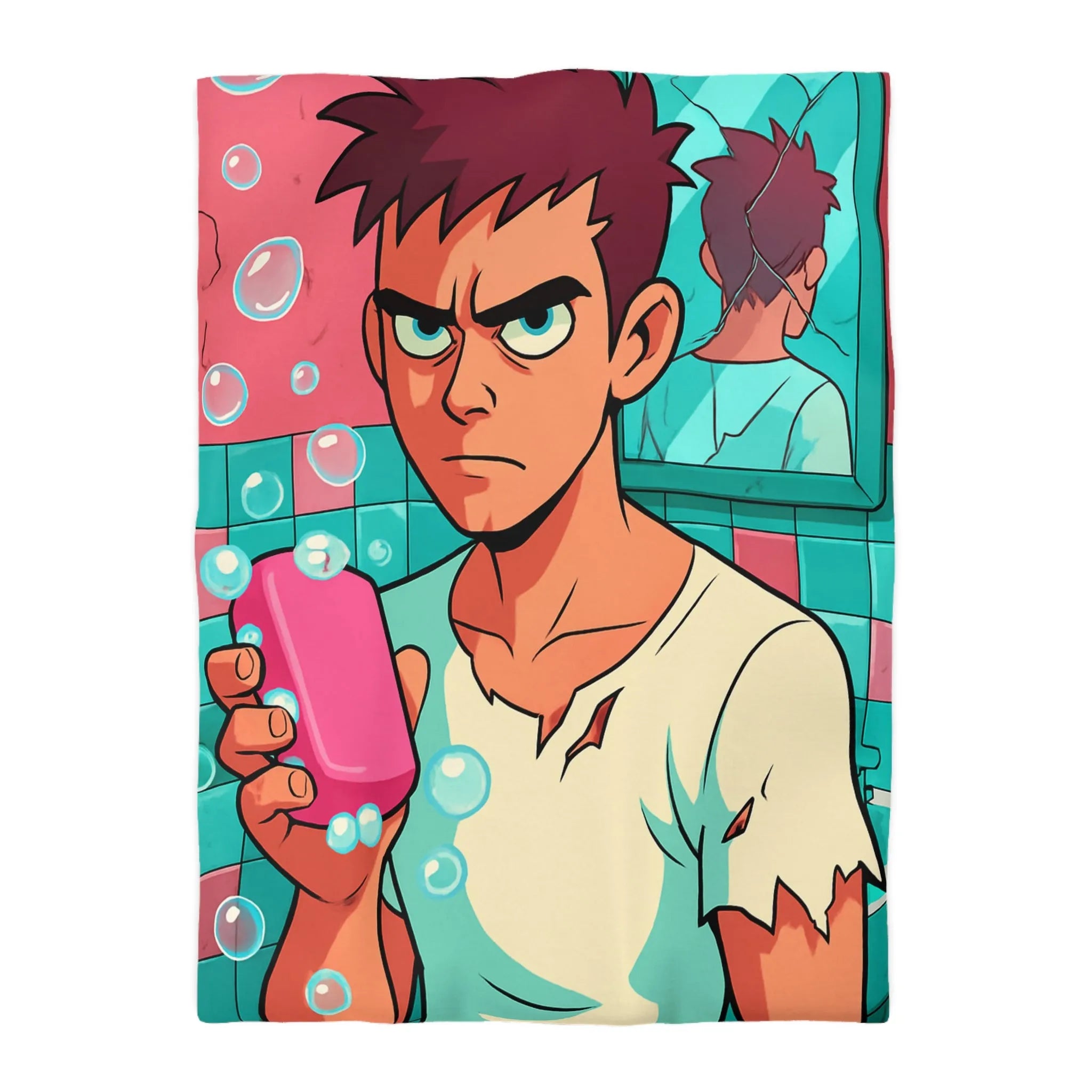 Housse de Couette avec Jeune Homme Déterminé Tenant Un Savon Rose en Colère