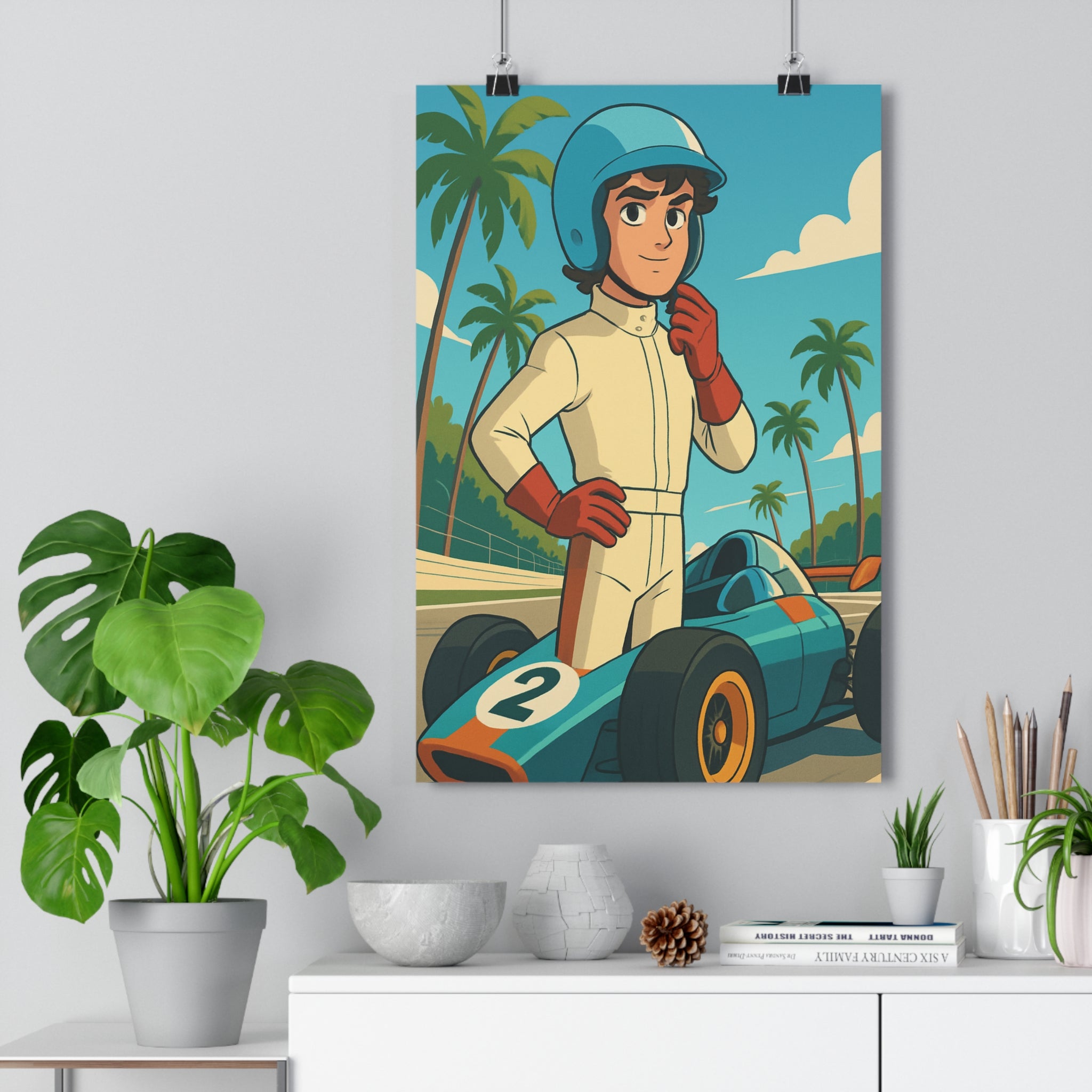 Poster décoratif rétro moderne course vitesse bleu blanc circuit aventurier chambre salon vibrant tropical