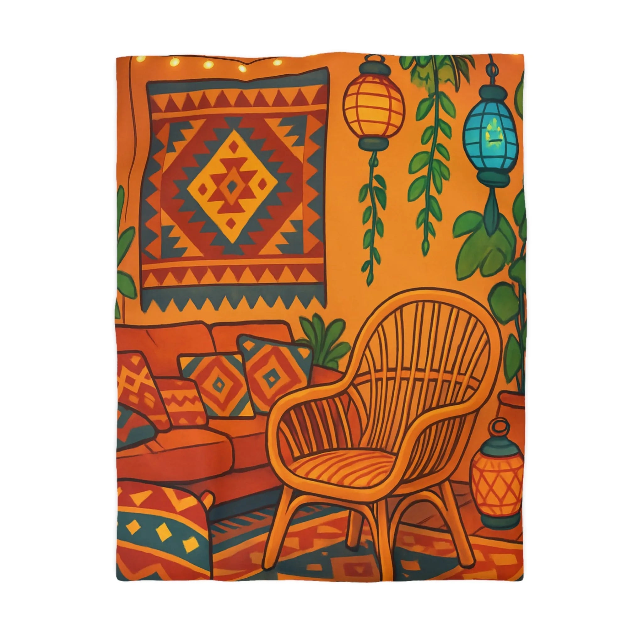 Housse de Couette aux Motifs Géométriques Bohèmes avec Tons Oranges et Bleus Éclatants