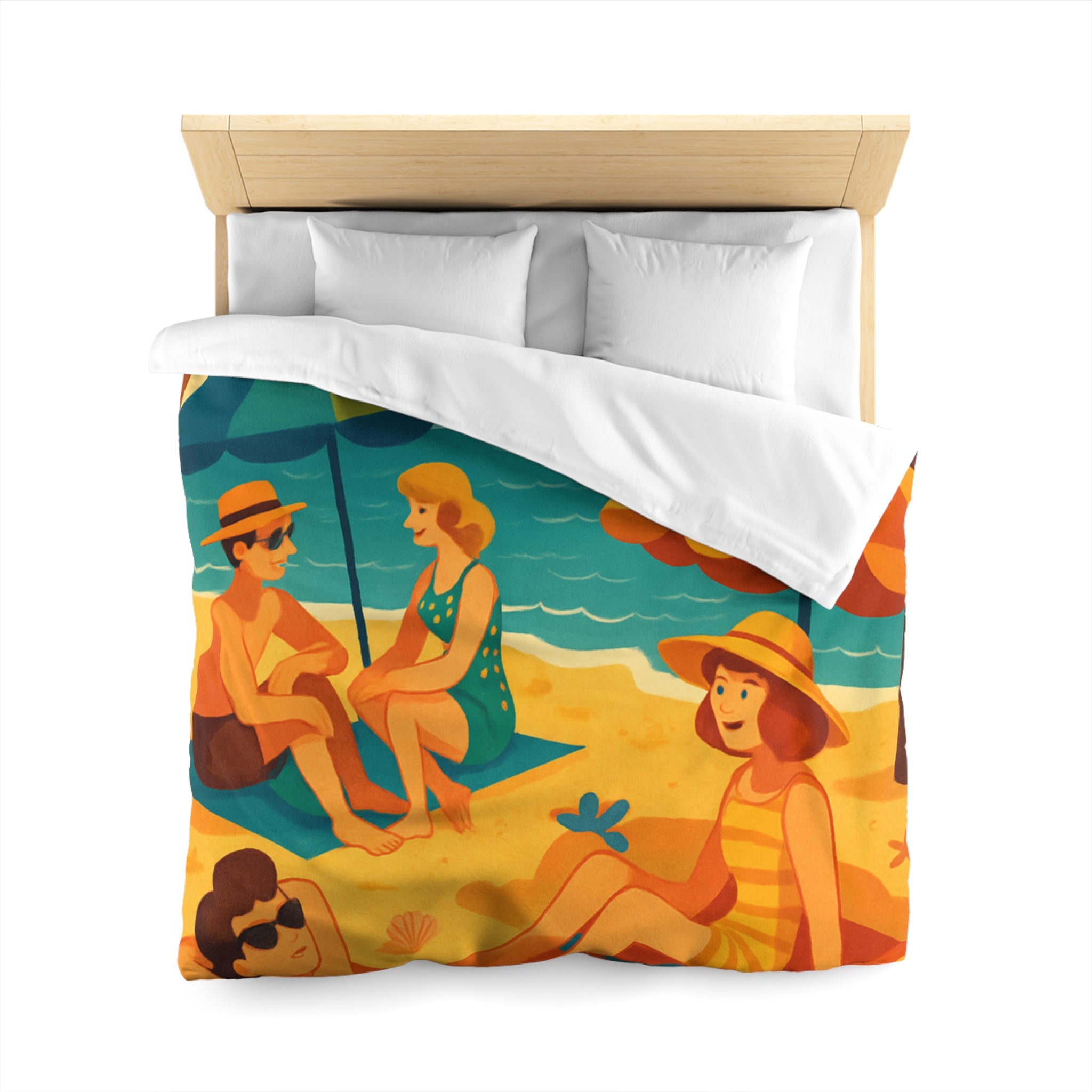 Housse de couette rétro plage colorée avec palmiers, parasols et amis au soleil