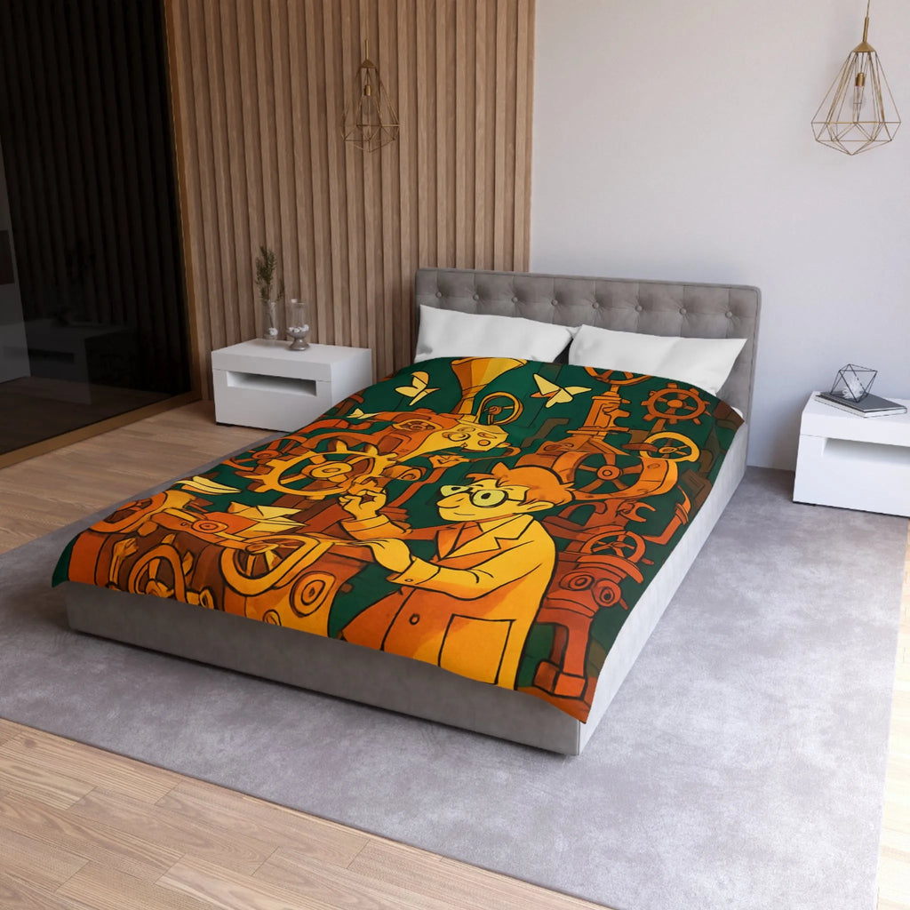 Housse de couette machine steampunk colorée avec papillons et ingénieur rêveur illustration automne