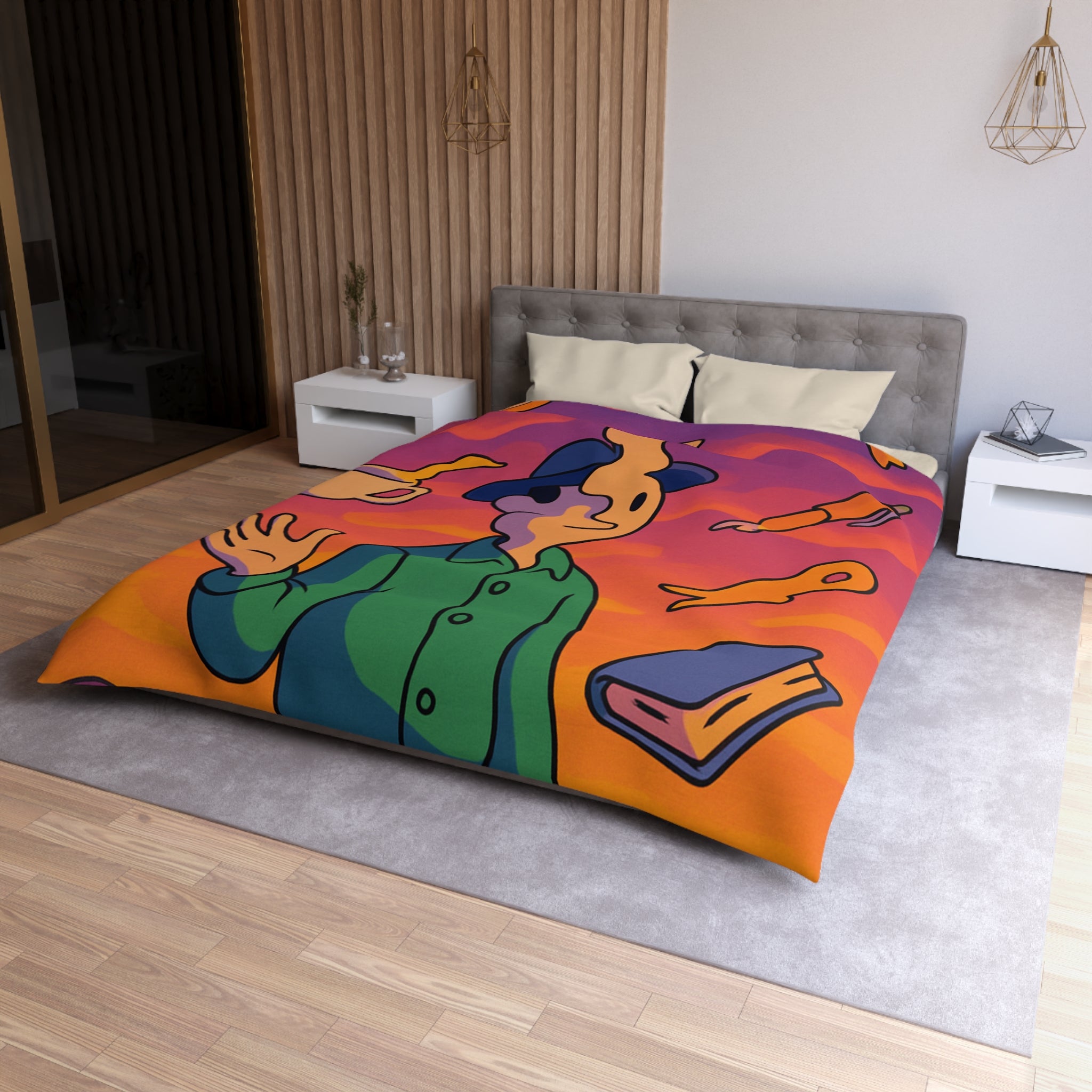 Housse de Couette Unique avec Design Surréaliste et Éléments Symboliques Vifs et Colorés