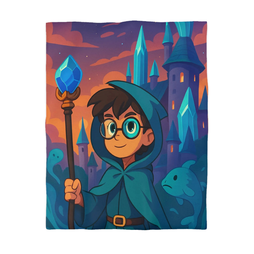 Housse de couette magie bleue fantasy avec château, sorcier et météore étincelant